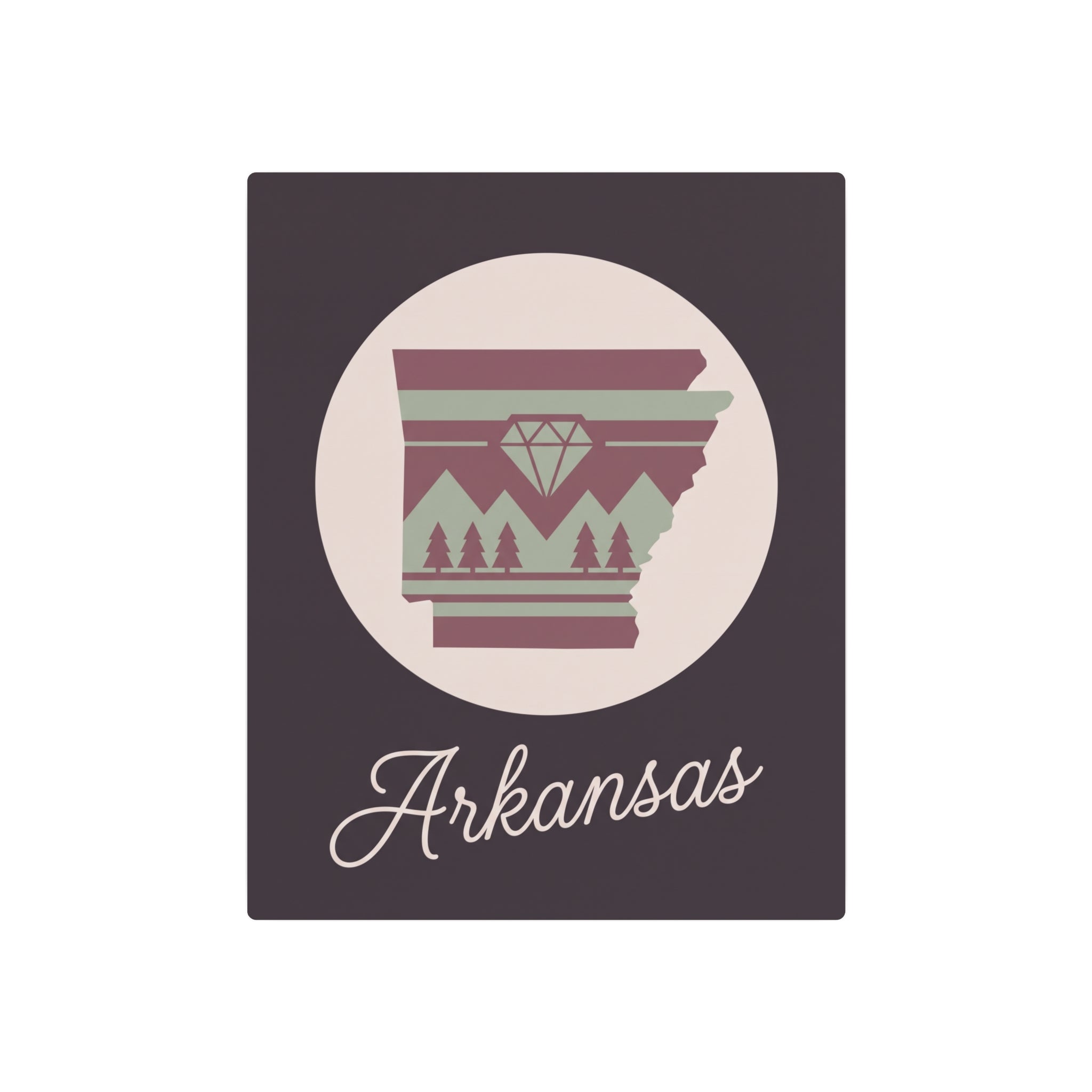 Arkansas state silhouette metal wall art sign, mauve and sage design on dark purple square