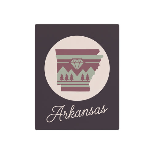 Arkansas state silhouette metal wall art sign, mauve and sage design on dark purple square