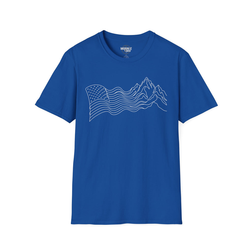 Royal blue T-shirt with minimalist mountain wave line art on the front