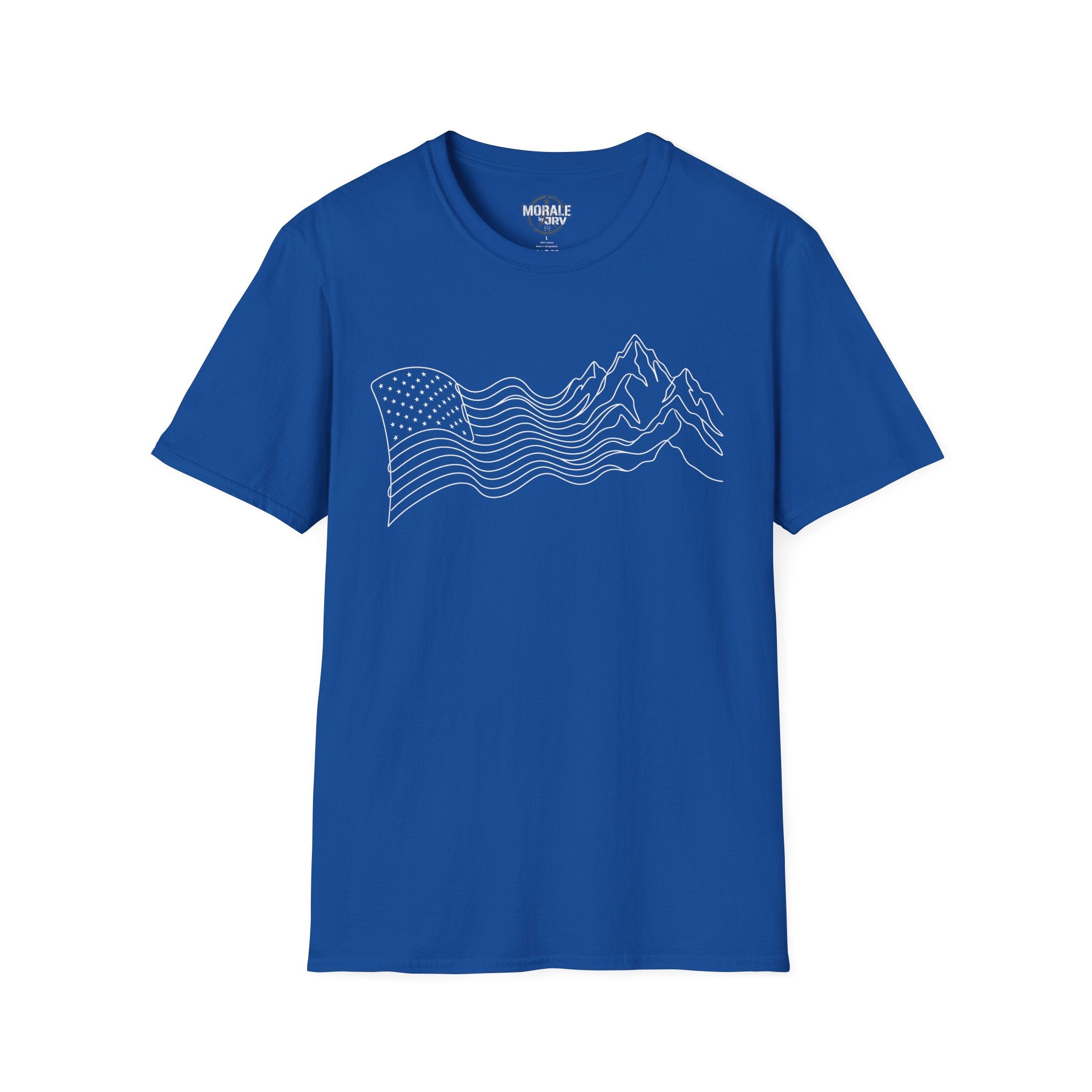 Royal blue T-shirt with minimalist mountain wave line art on the front
