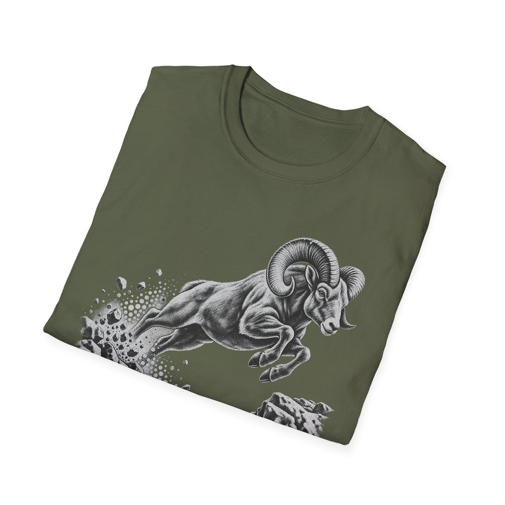 Olive green crewneck t-shirt with monochrome bighorn sheep graphic on the front