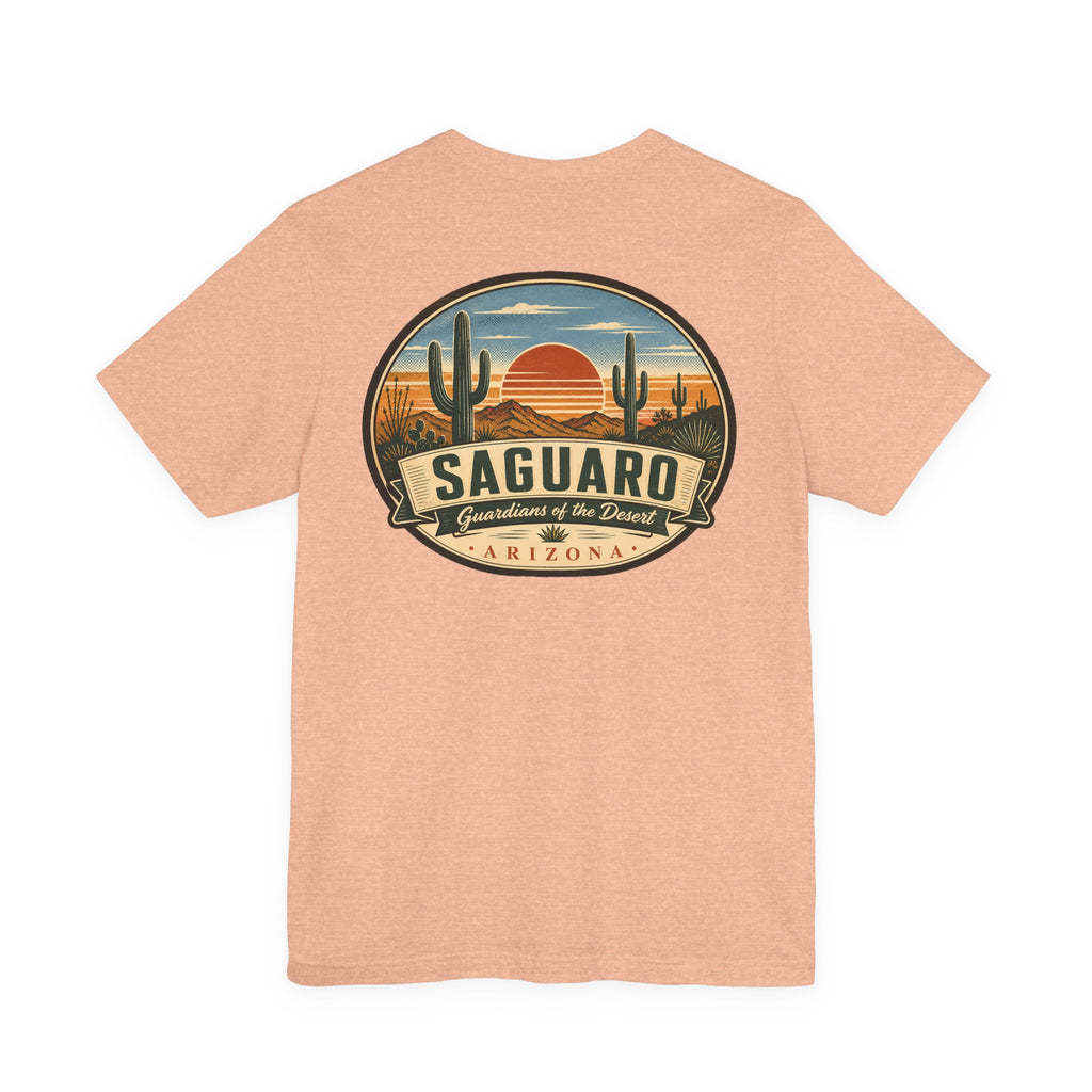 Peach t-shirt with circular Saguaro cactus desert graphic on the chest