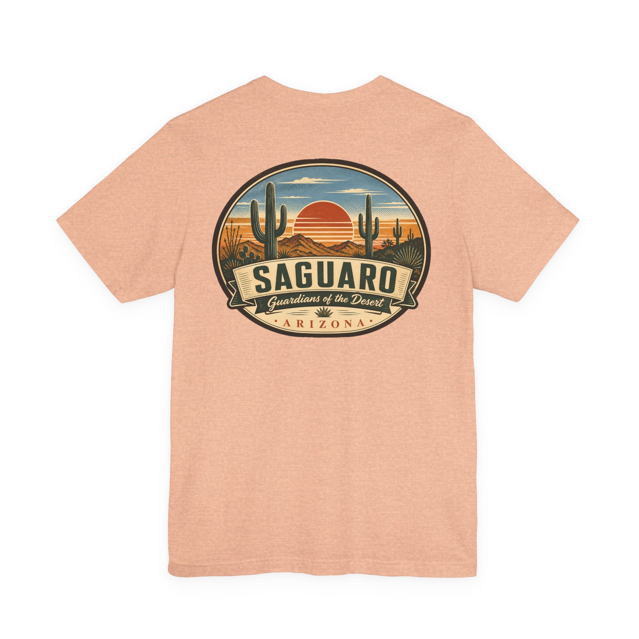 Peach t-shirt with circular Saguaro cactus desert graphic on the chest