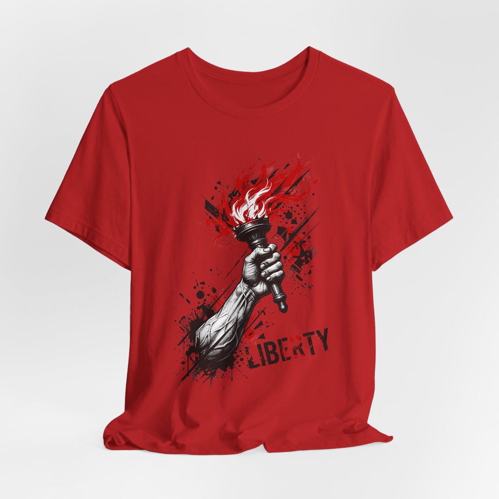 Red crew-neck T-shirt with flaming torch graphic and “LIBERTY” text on front.