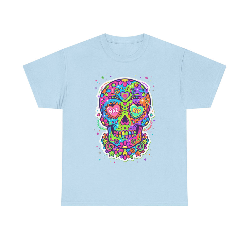 Light blue T-shirt with colorful sugar skull graphic, BAE & RIP heart eyes