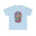 Light blue T-shirt with colorful sugar skull graphic, BAE & RIP heart eyes