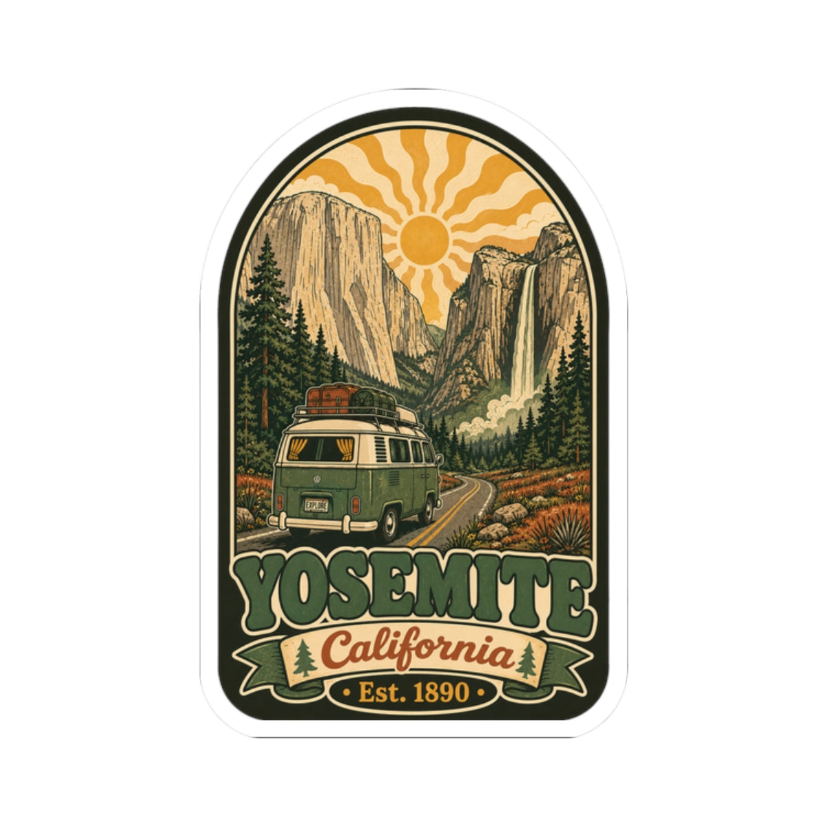 Arched landscape sticker with green camper van, rocky cliffs, sunset sunburst, “California”