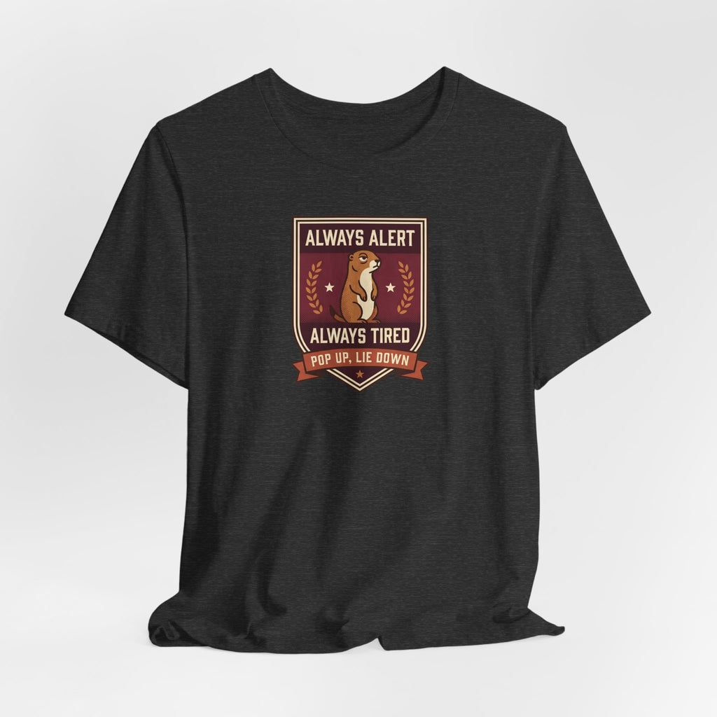 Black or dark grey crewneck T-shirt with squirrel crest badge graphic