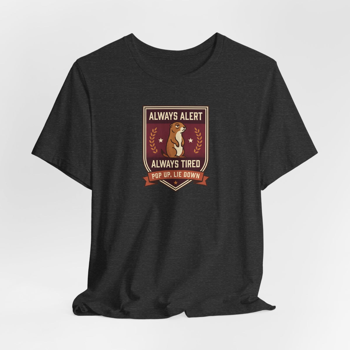 Black or dark grey crewneck T-shirt with squirrel crest badge graphic