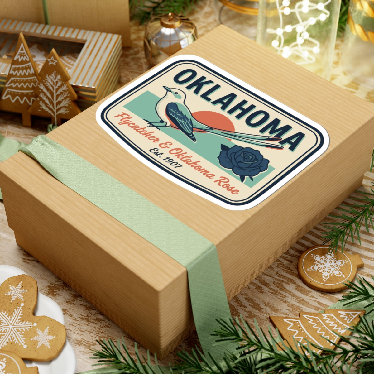 Oklahoma sticker on wrapped gift box, vintage badge with bird and rose