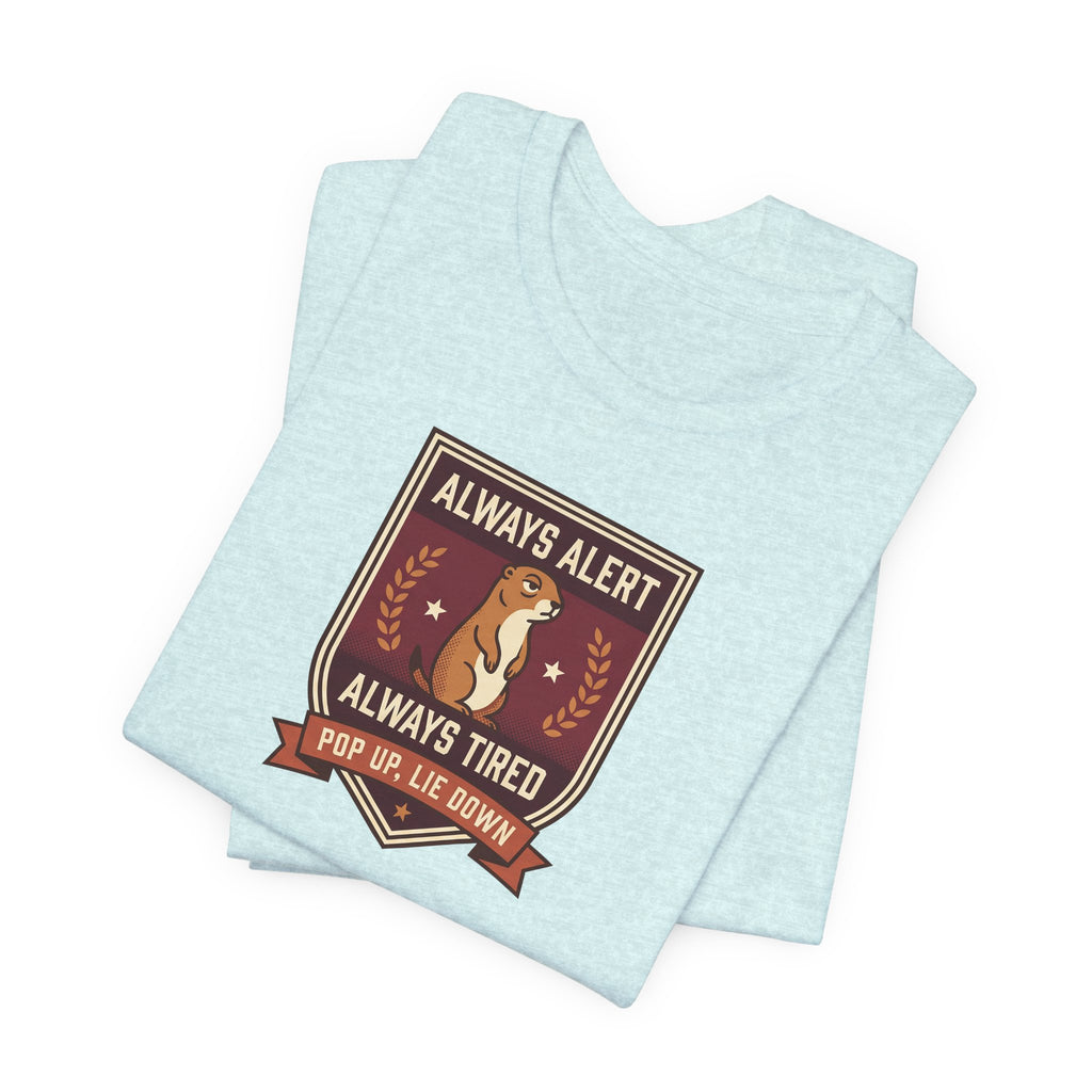 Light blue squirrel crest T-shirt with badge graphic front, folded stack