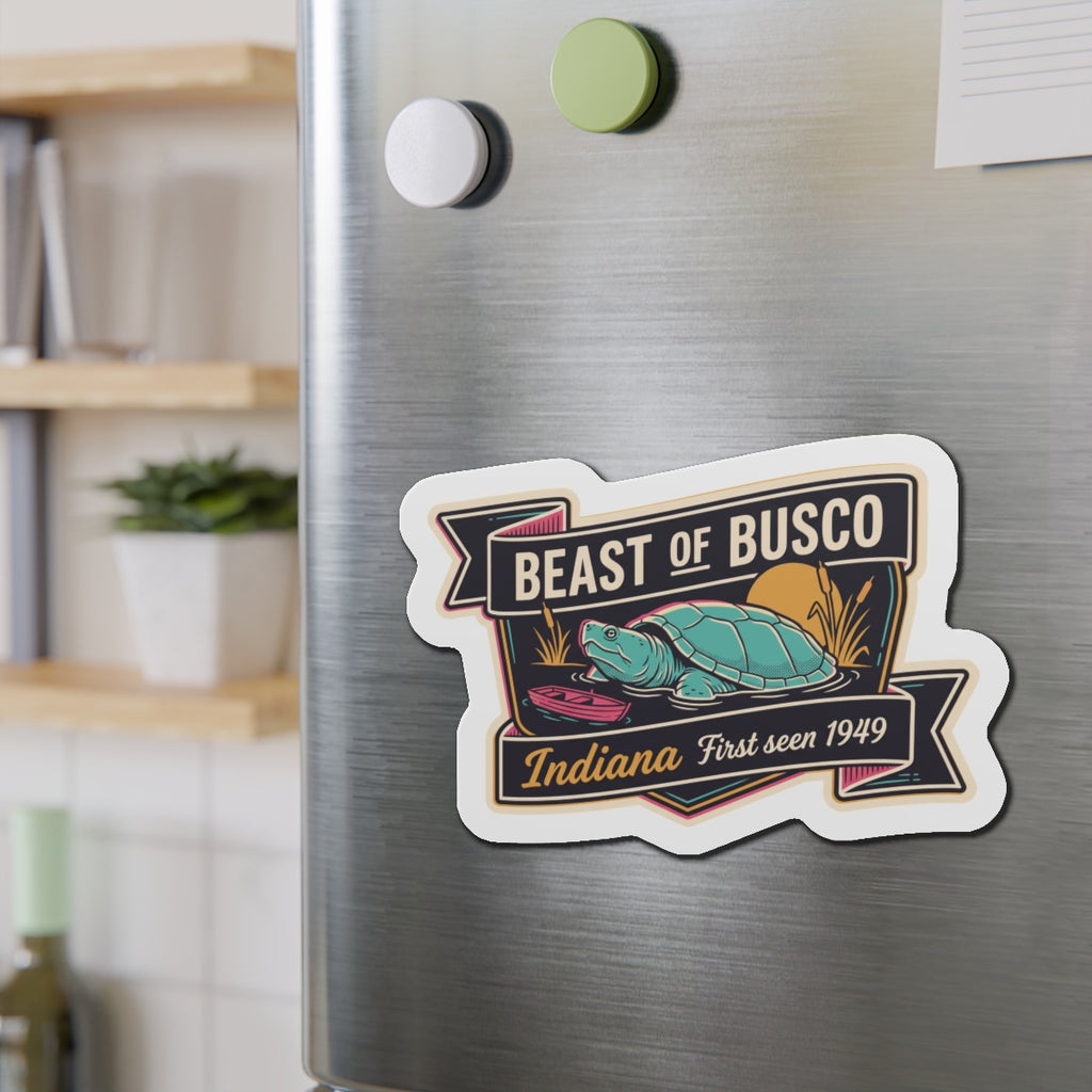 Die-cut turtle logo magnet sticker centered on stainless steel refrigerator