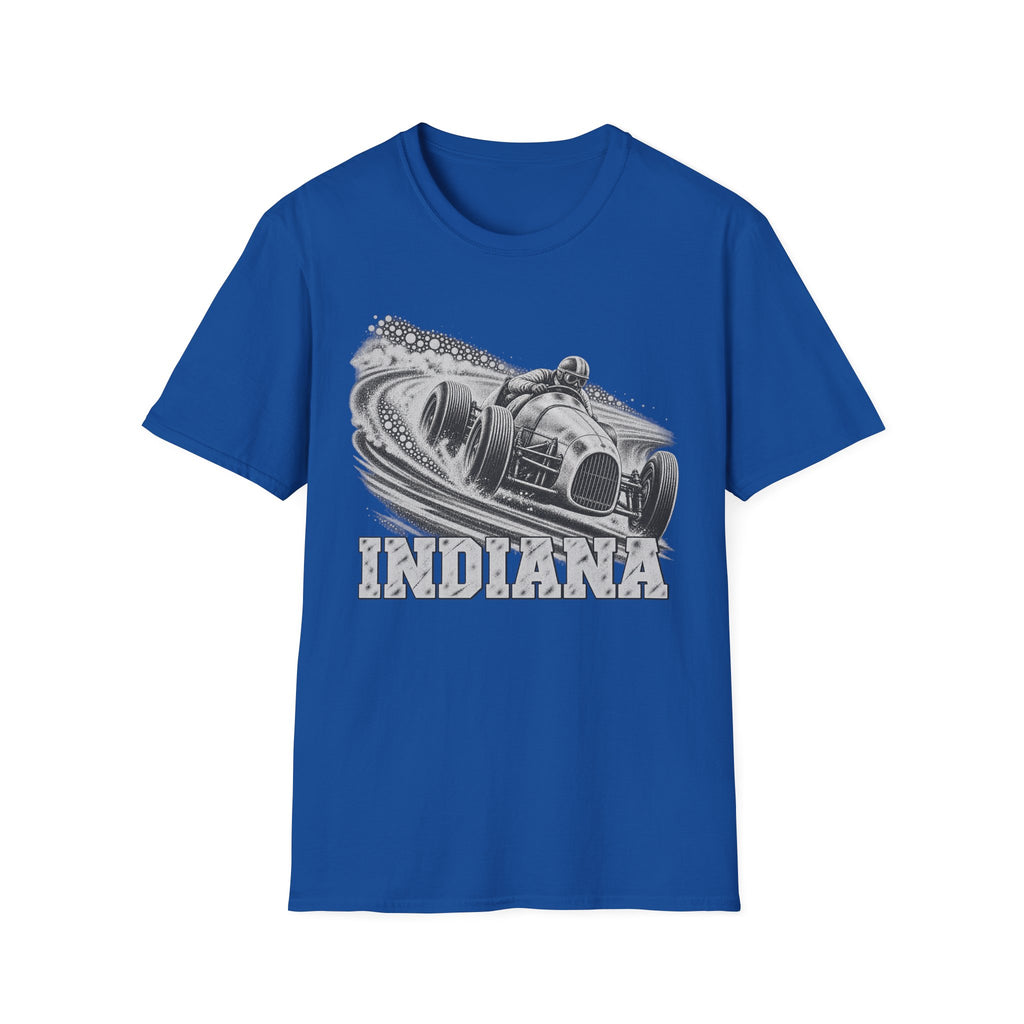 Royal blue T-shirt with vintage open-wheel race car and Indiana graphic on chest