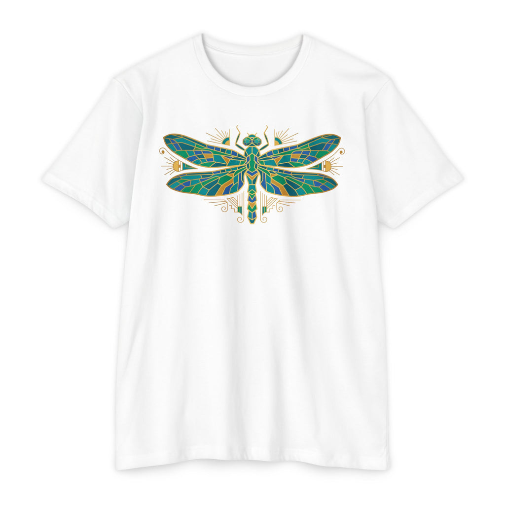 White t-shirt with colorful dragonfly mosaic graphic on the chest