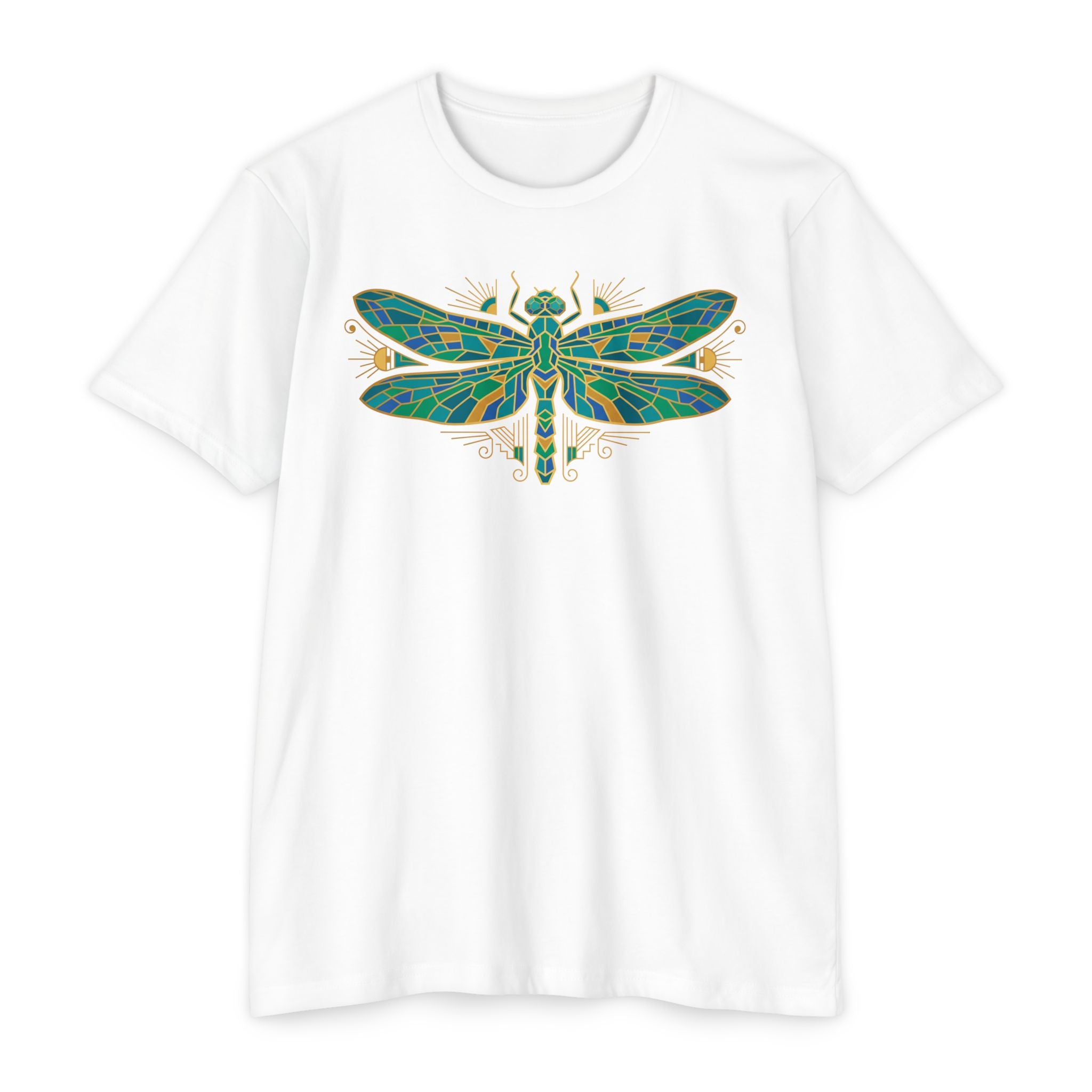 White t-shirt with colorful dragonfly mosaic graphic on the chest