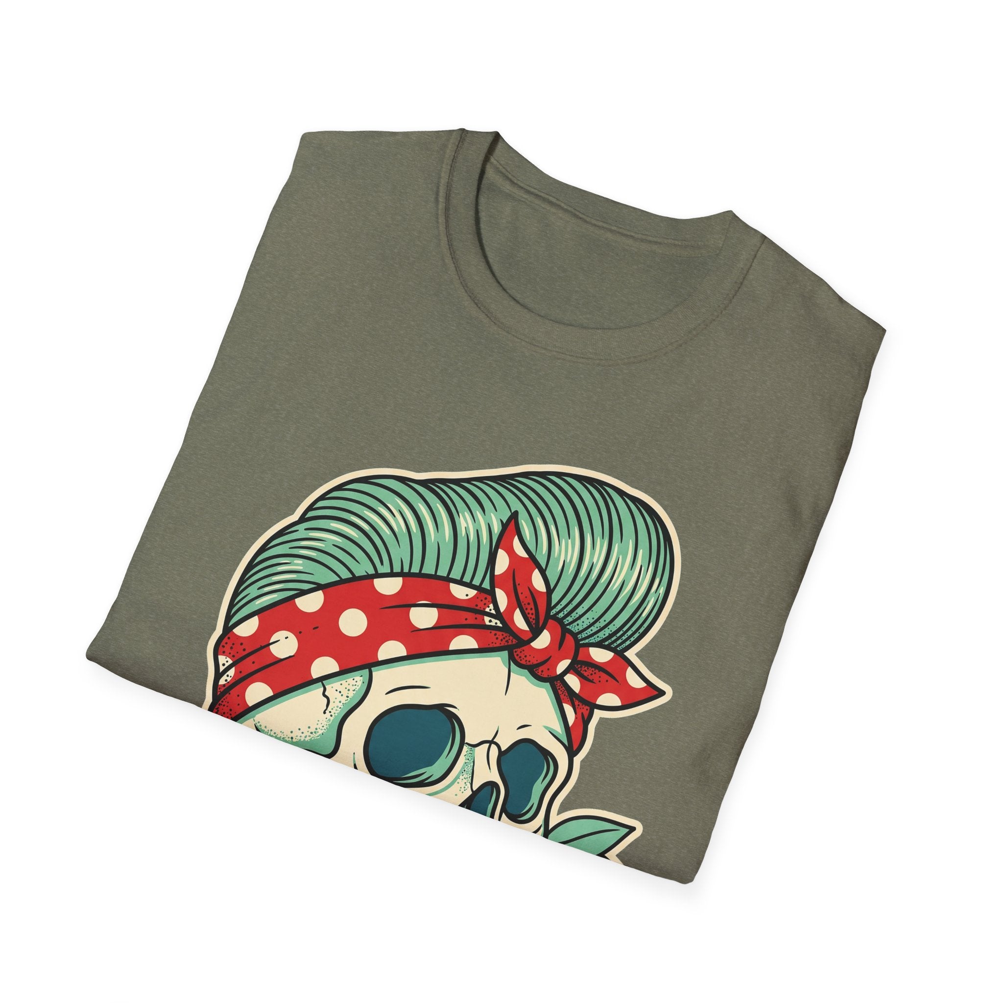 Olive green T-shirt with vintage skull and cherry bandana graphic on front
