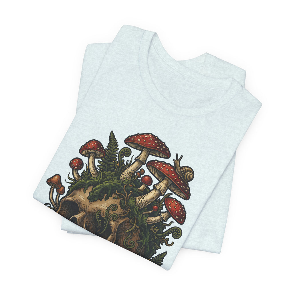 Mushroom skull graphic T-shirt, light heather blue, folded view with colorful fungi skull