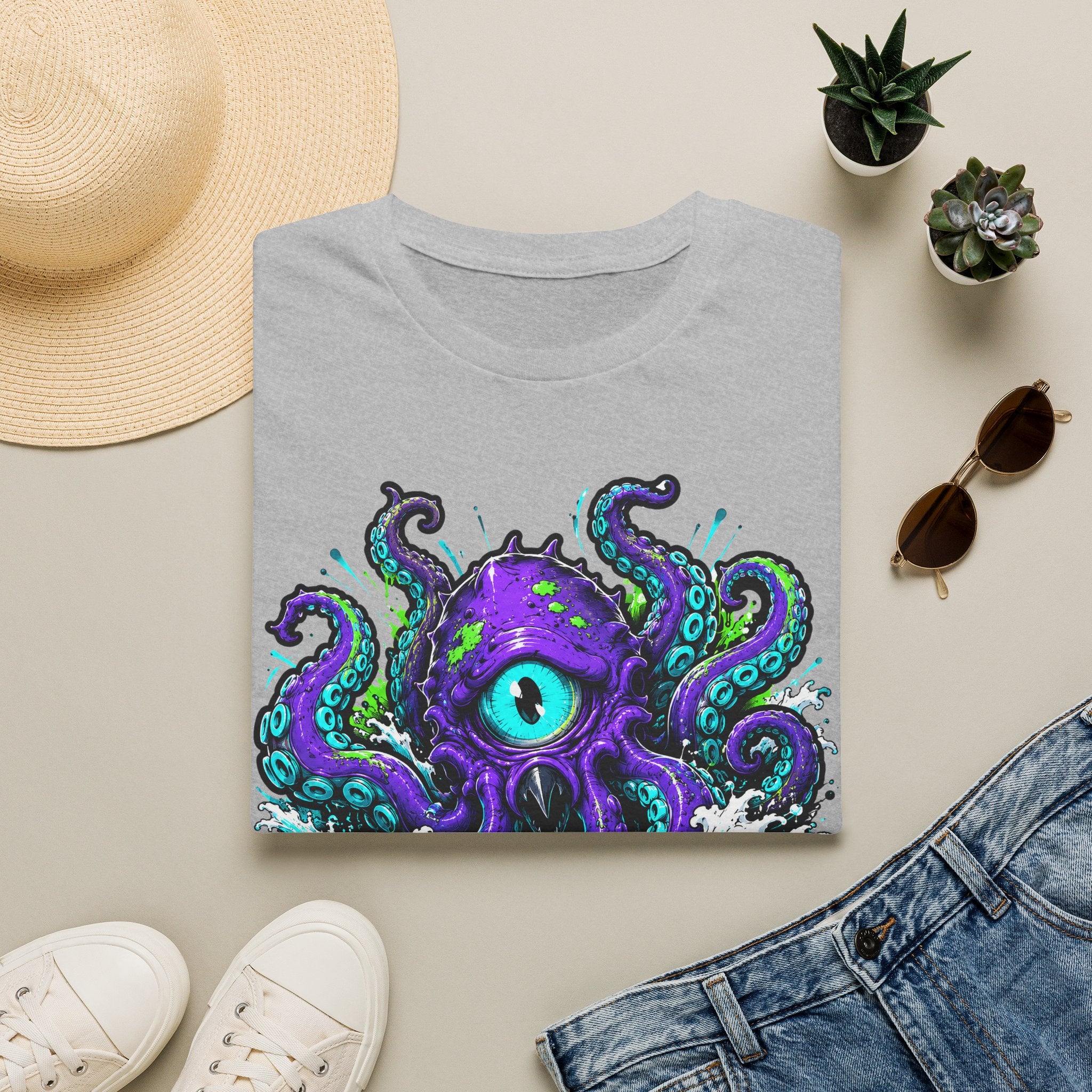 Light gray graphic octopus T-shirt with purple cyclops eye and teal tentacles