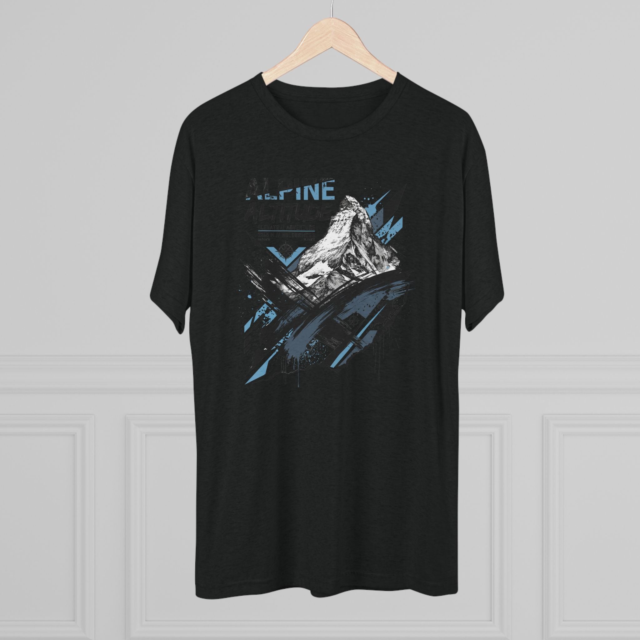 Black crew-neck T-shirt with Alpine Altitude mountain peak graphic on front