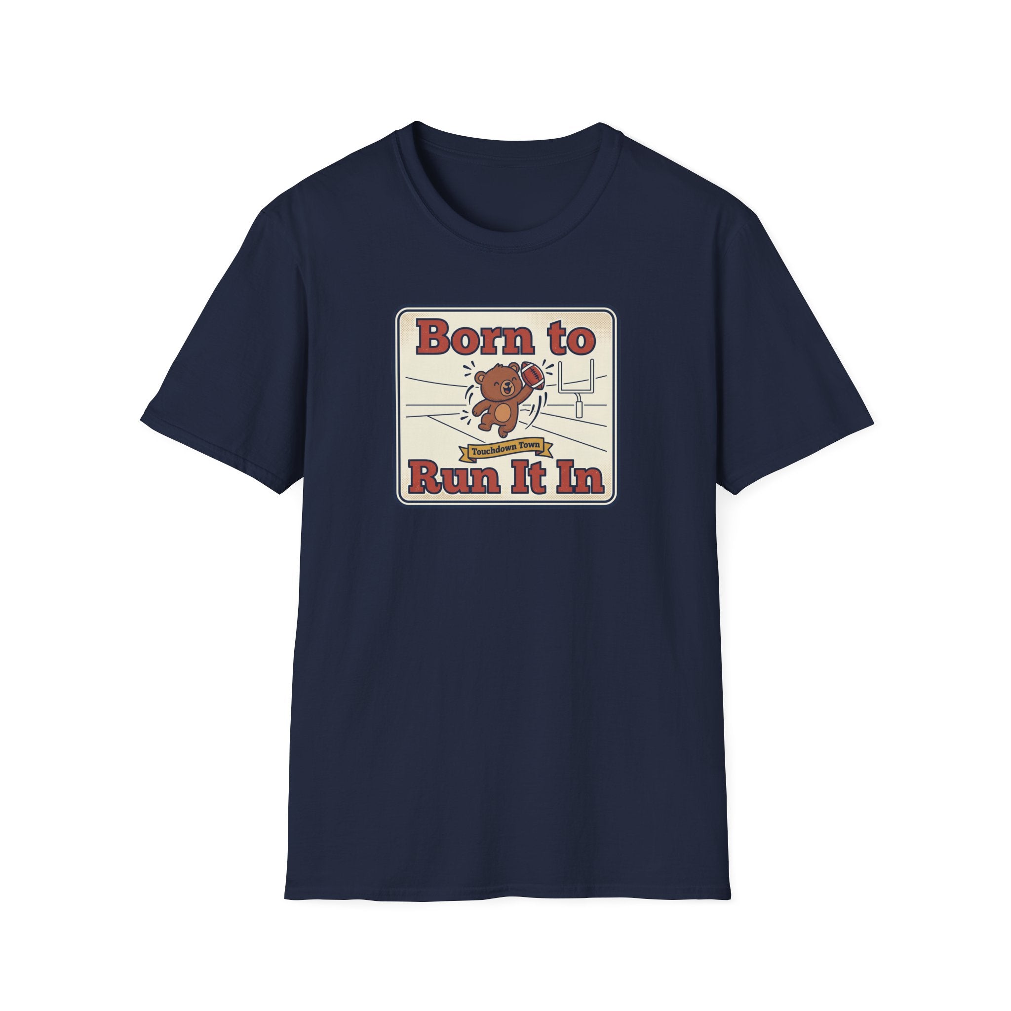 Navy crewneck T-shirt with bear graphic reading “Born to Run It In”