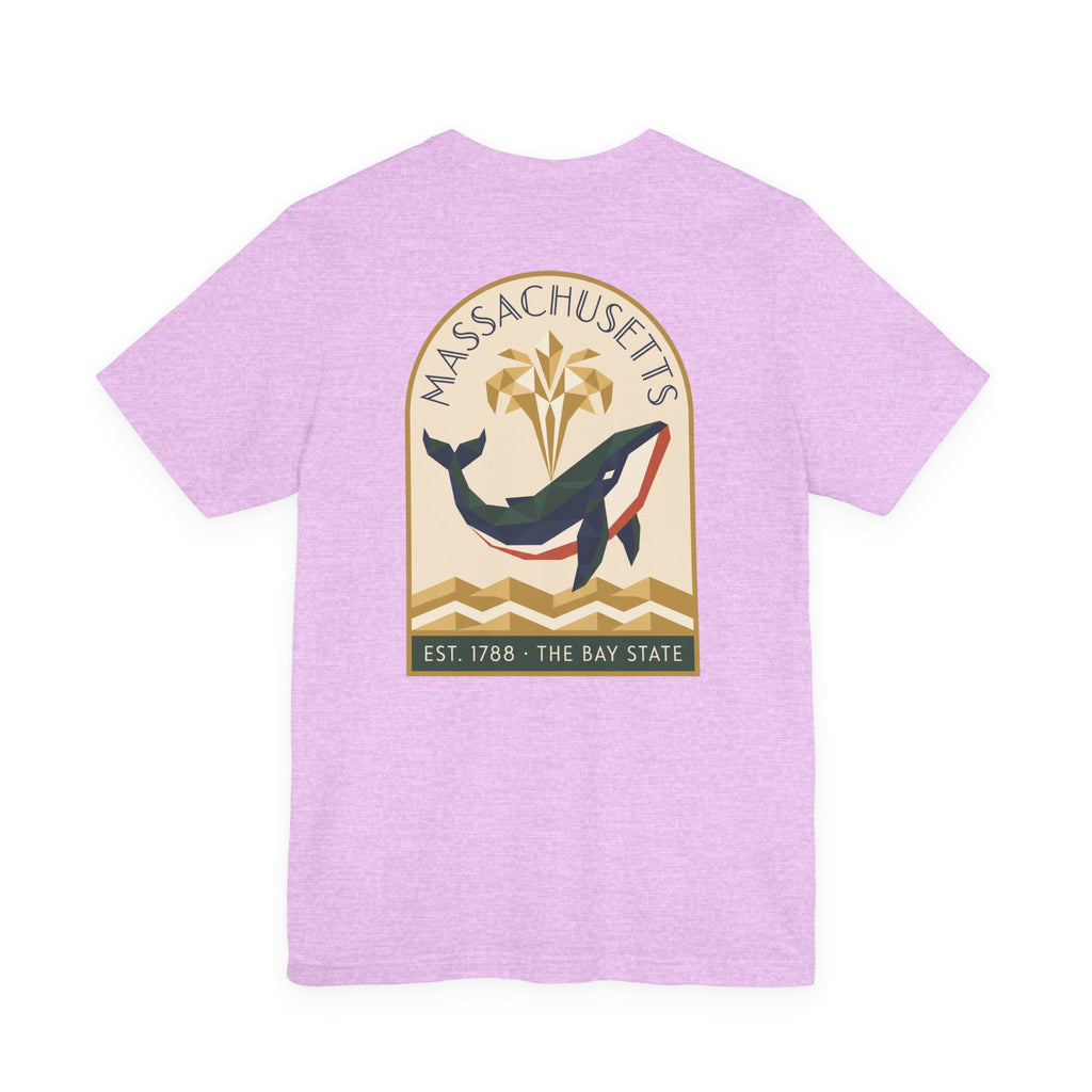 Lavender T-shirt with whale and Massachusetts emblem graphic