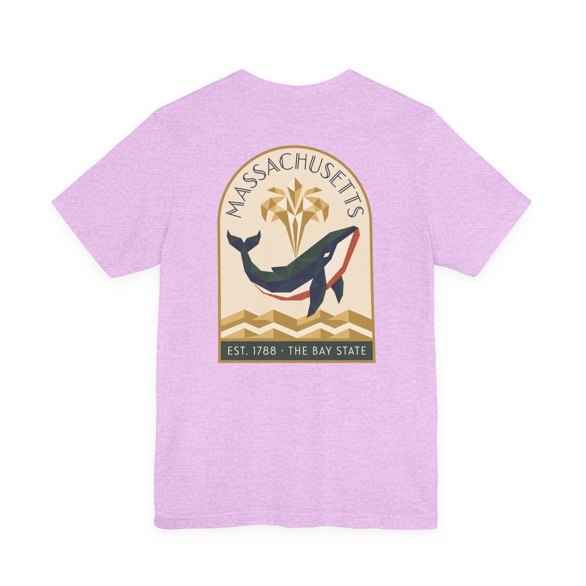 Lavender T-shirt with whale and Massachusetts emblem graphic