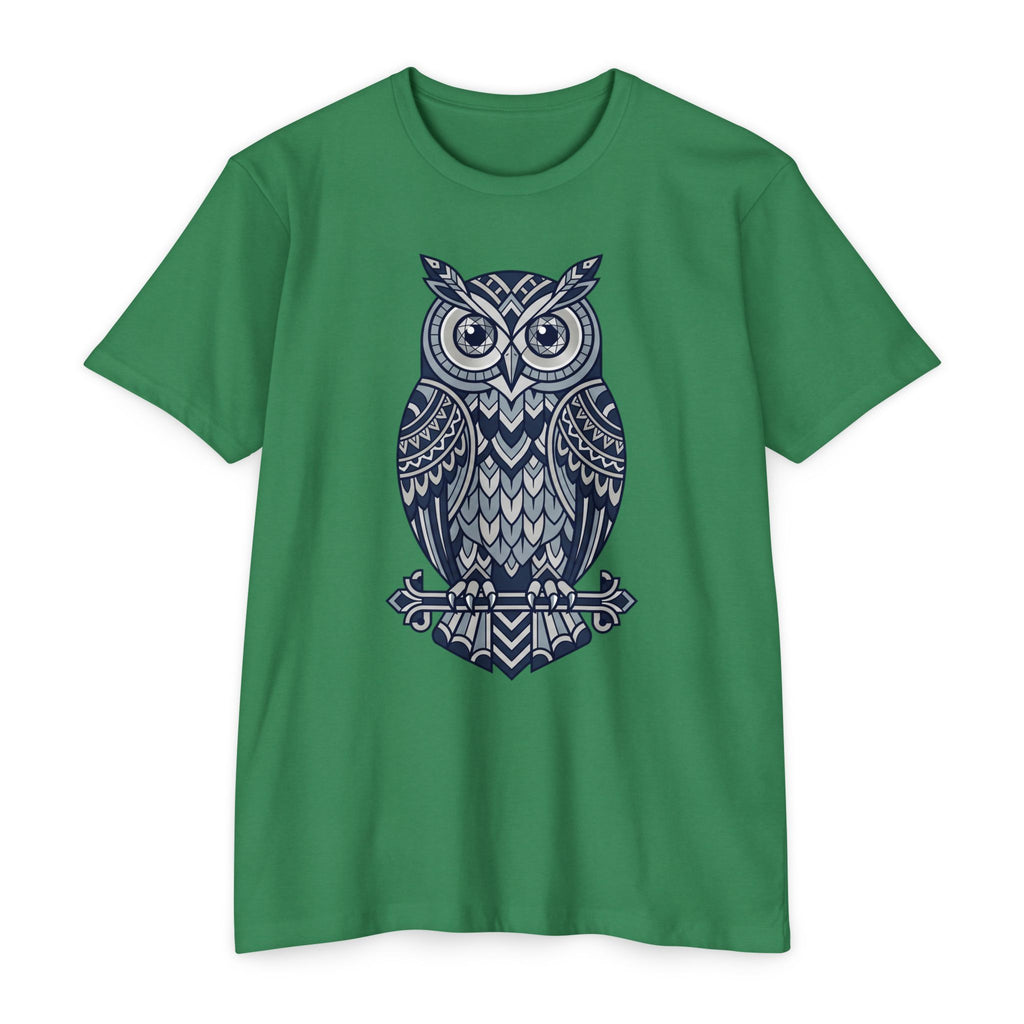Graphic owl T-shirt, kelly green crew neck short sleeves, blue owl graphic