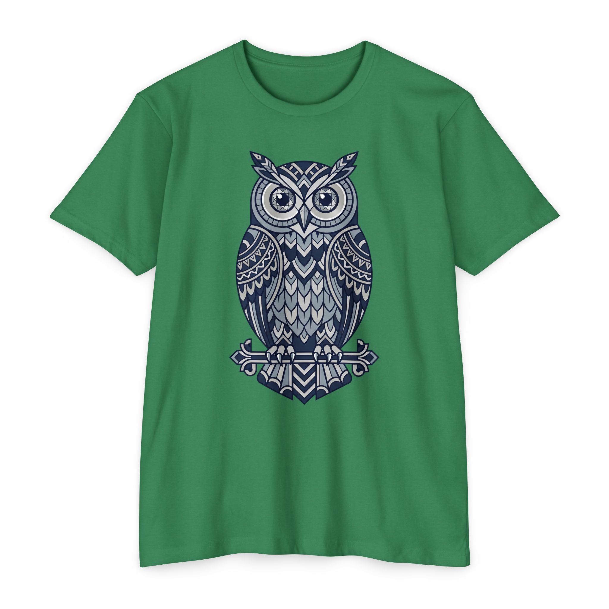 Graphic owl T-shirt, kelly green crew neck short sleeves, blue owl graphic