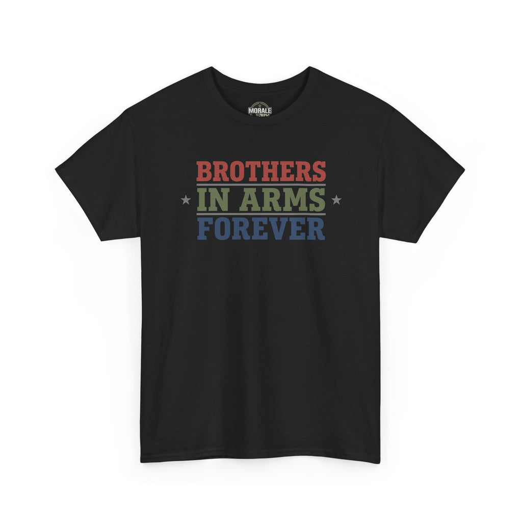 Black T-shirt with multicolor 'BROTHERS IN ARMS FOREVER' star print
