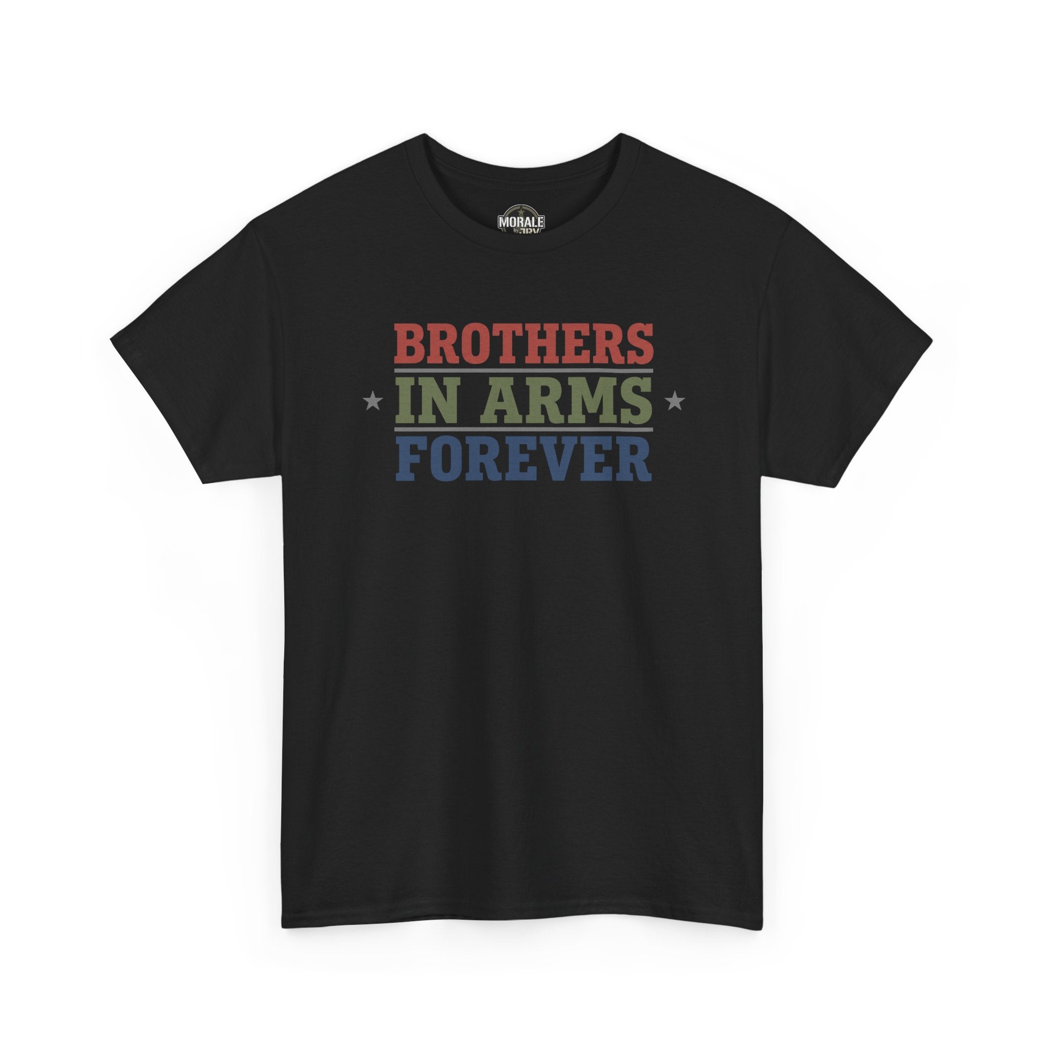 Black T-shirt with multicolor 'BROTHERS IN ARMS FOREVER' star print