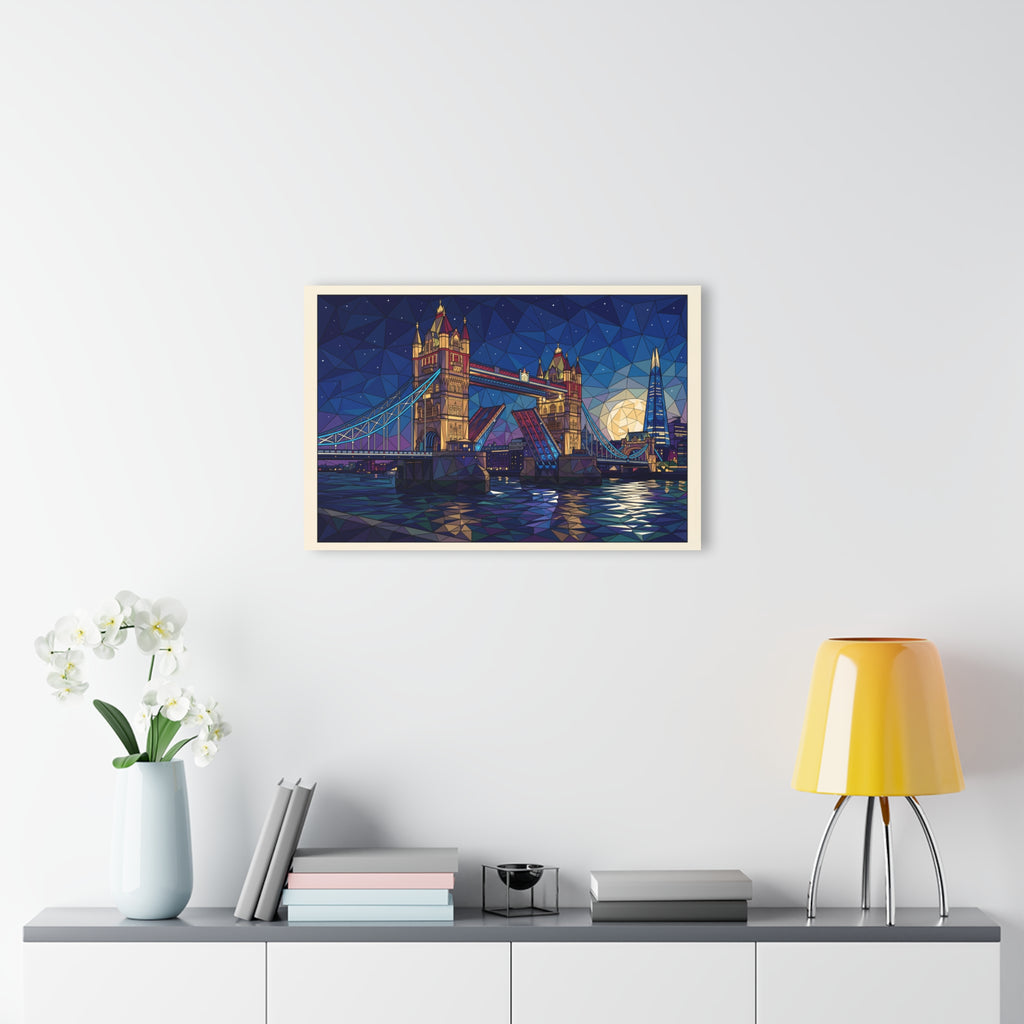 Framed acrylic art print with blue geometric night cityscape and bridge reflections