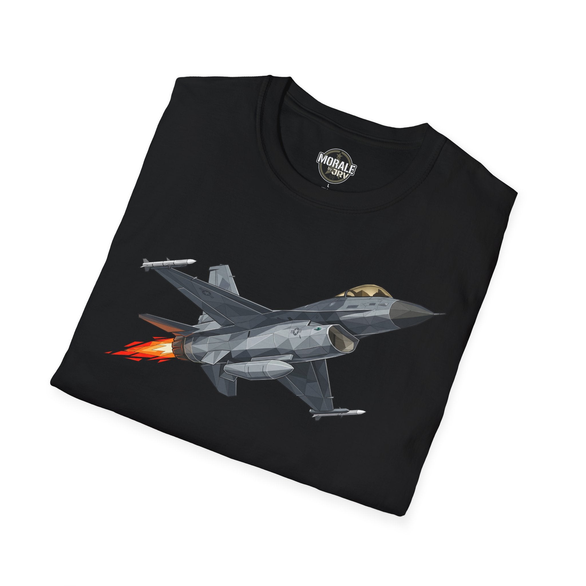 Black F-16 fighter jet T-shirt with gray geometric graphic and orange flames
