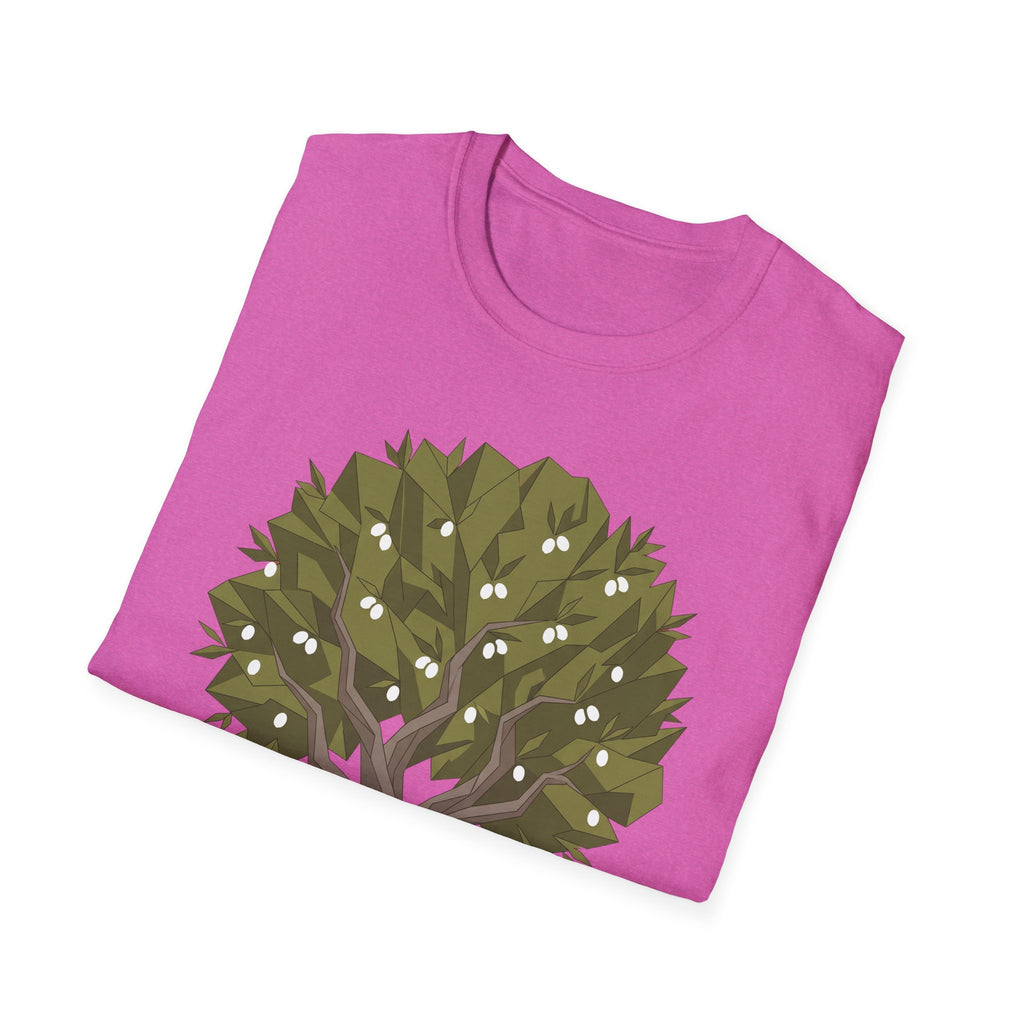 Twisted olive tree T-shirt, magenta/pink, angled view with full olive graphic