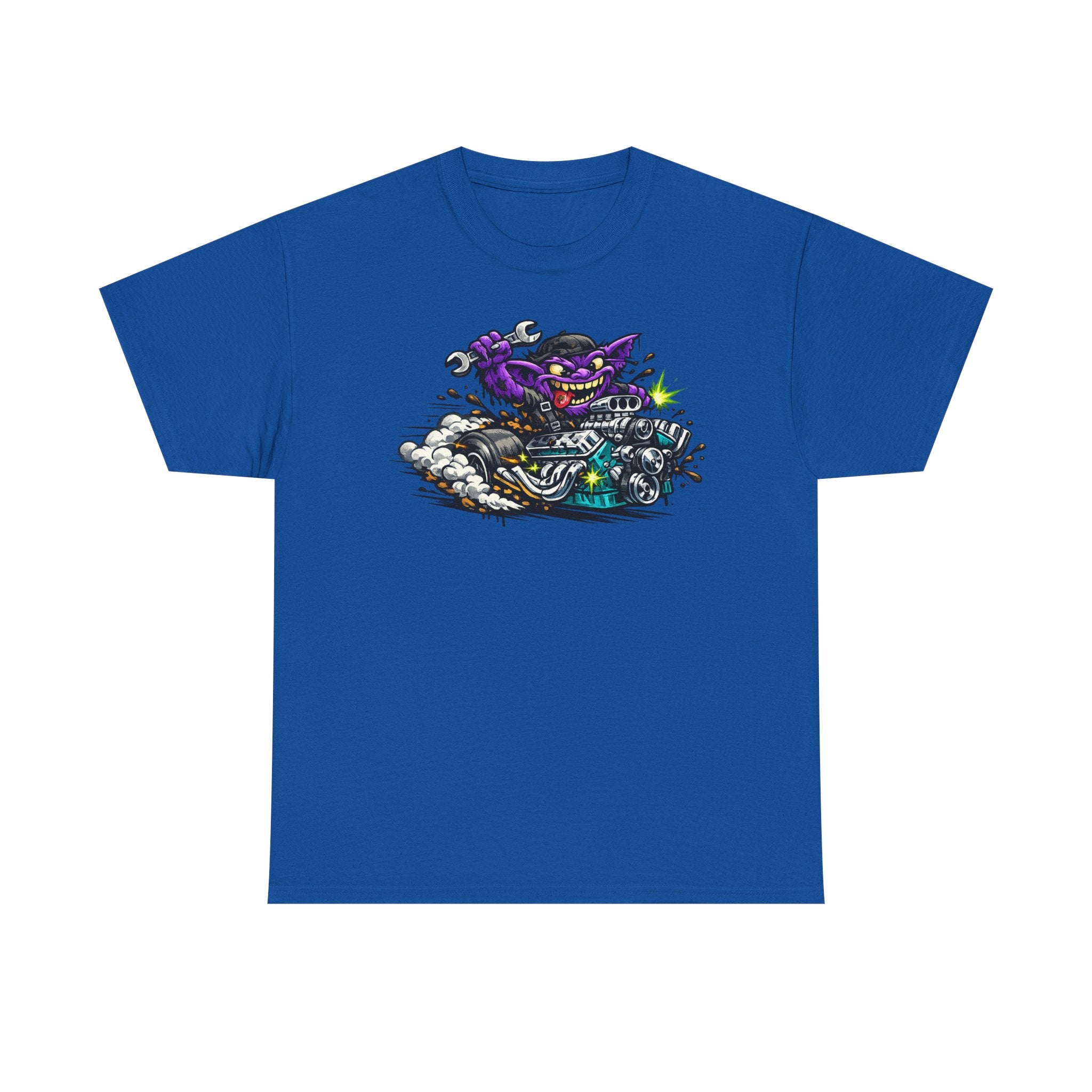 Royal blue biker cat graphic T-shirt with grinning cat on a motorcycle