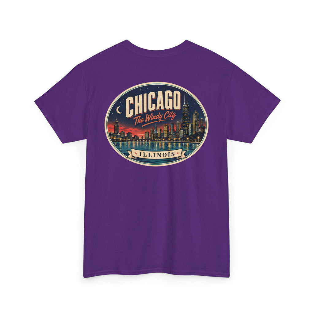 Purple crew-neck T-shirt with large round Chicago city badge graphic