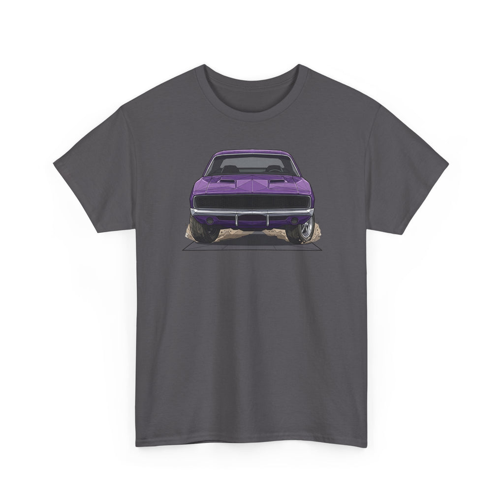 Charcoal short-sleeve T-shirt with purple retro car graphic centered on front