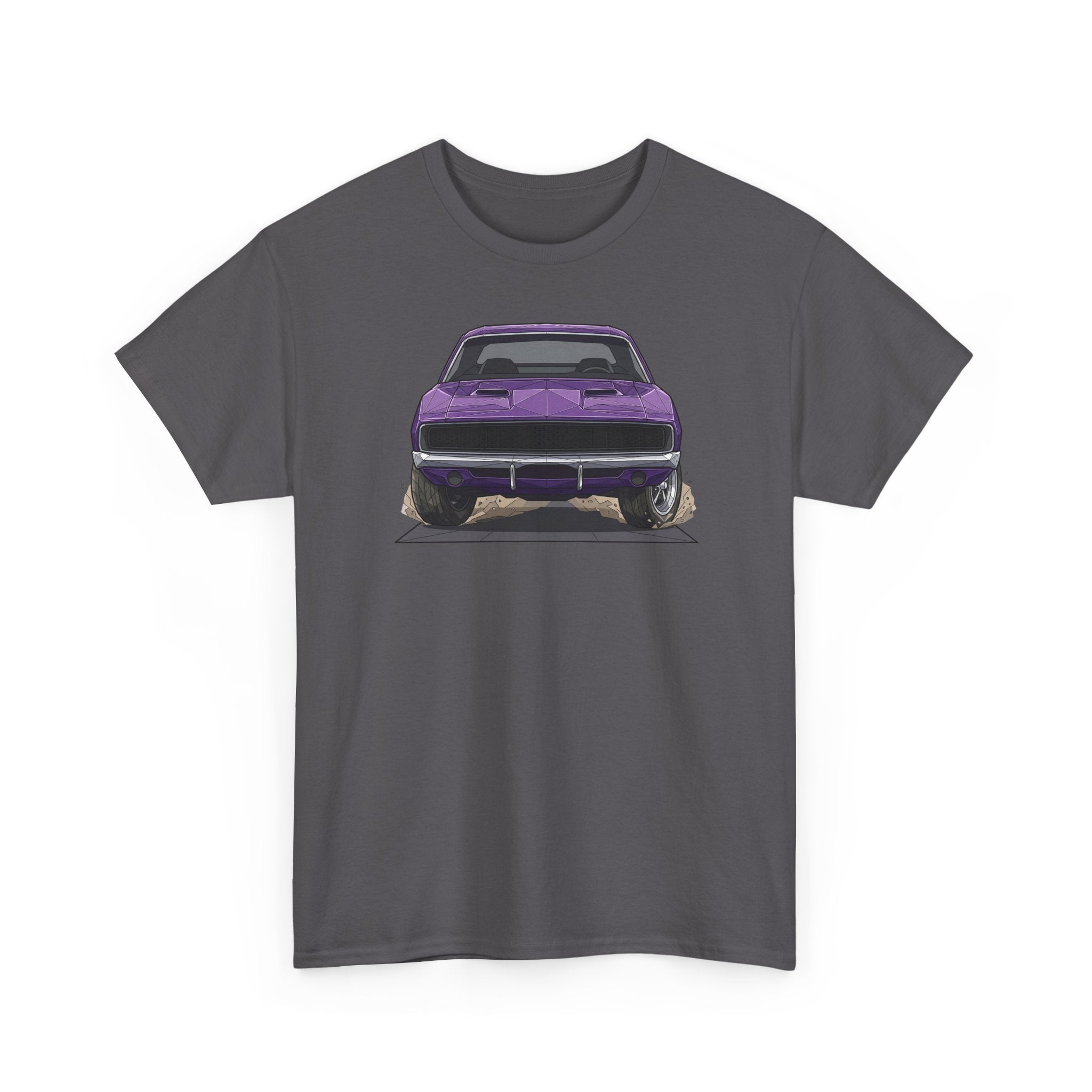 Charcoal short-sleeve T-shirt with purple retro car graphic centered on front