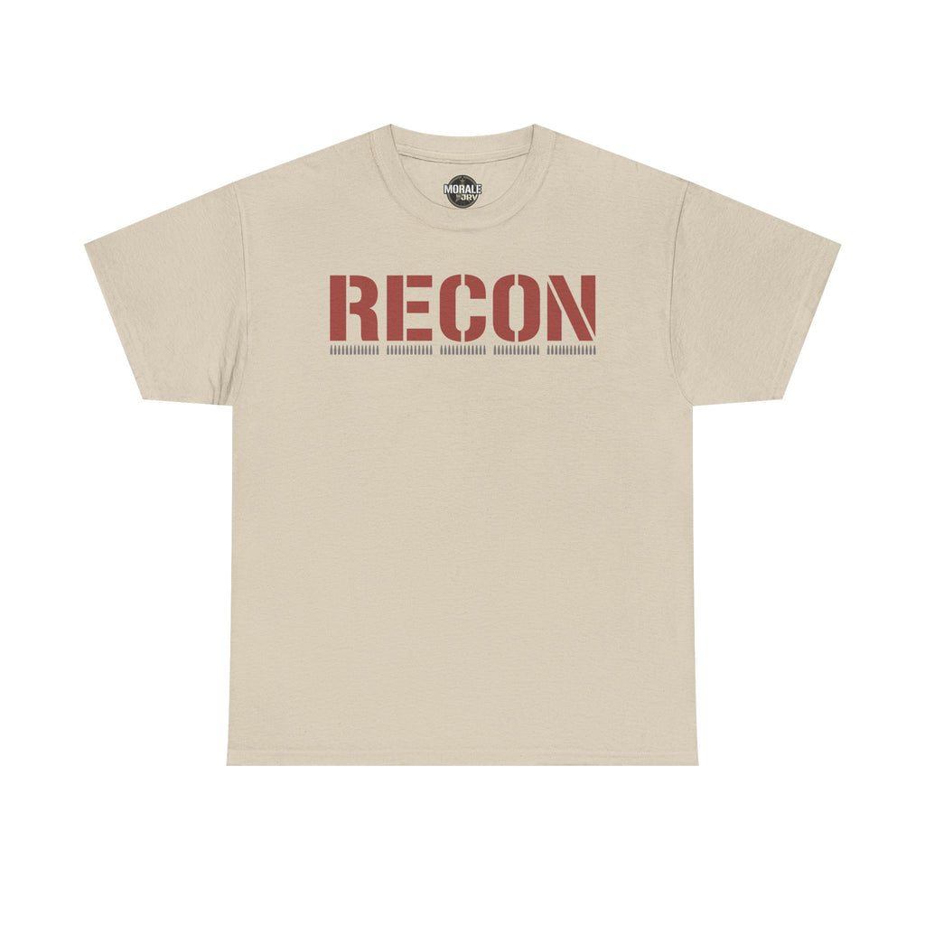 Beige unisex graphic T-shirt with large 'RECON' stencil logo on chest