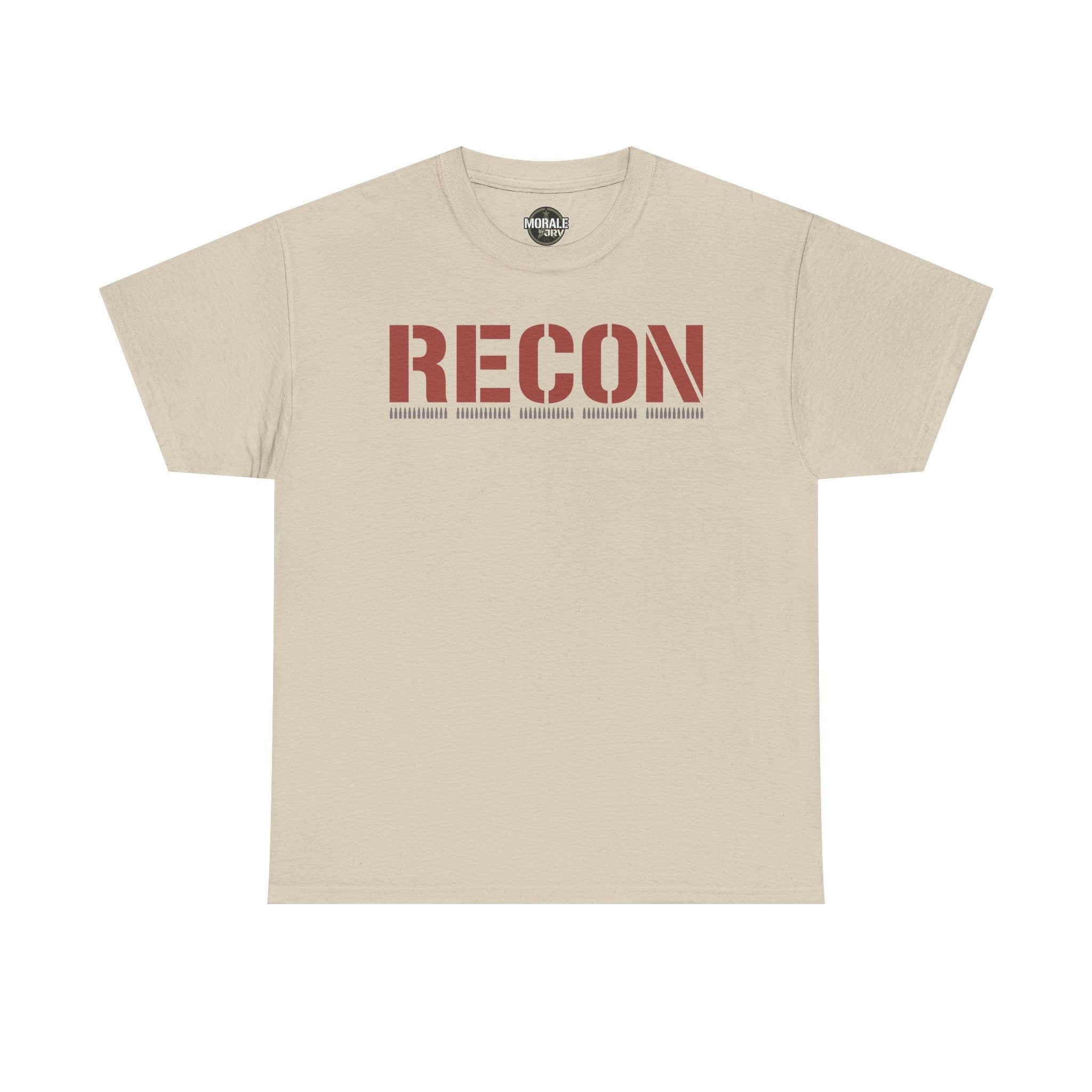 Beige unisex graphic T-shirt with large 'RECON' stencil logo on chest