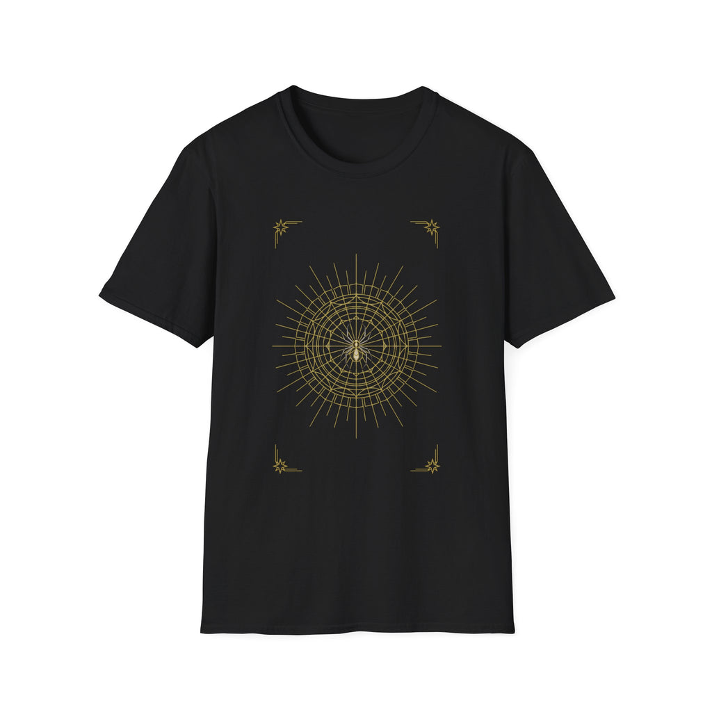 Black T-shirt with gold spider mandala web and star accents graphic