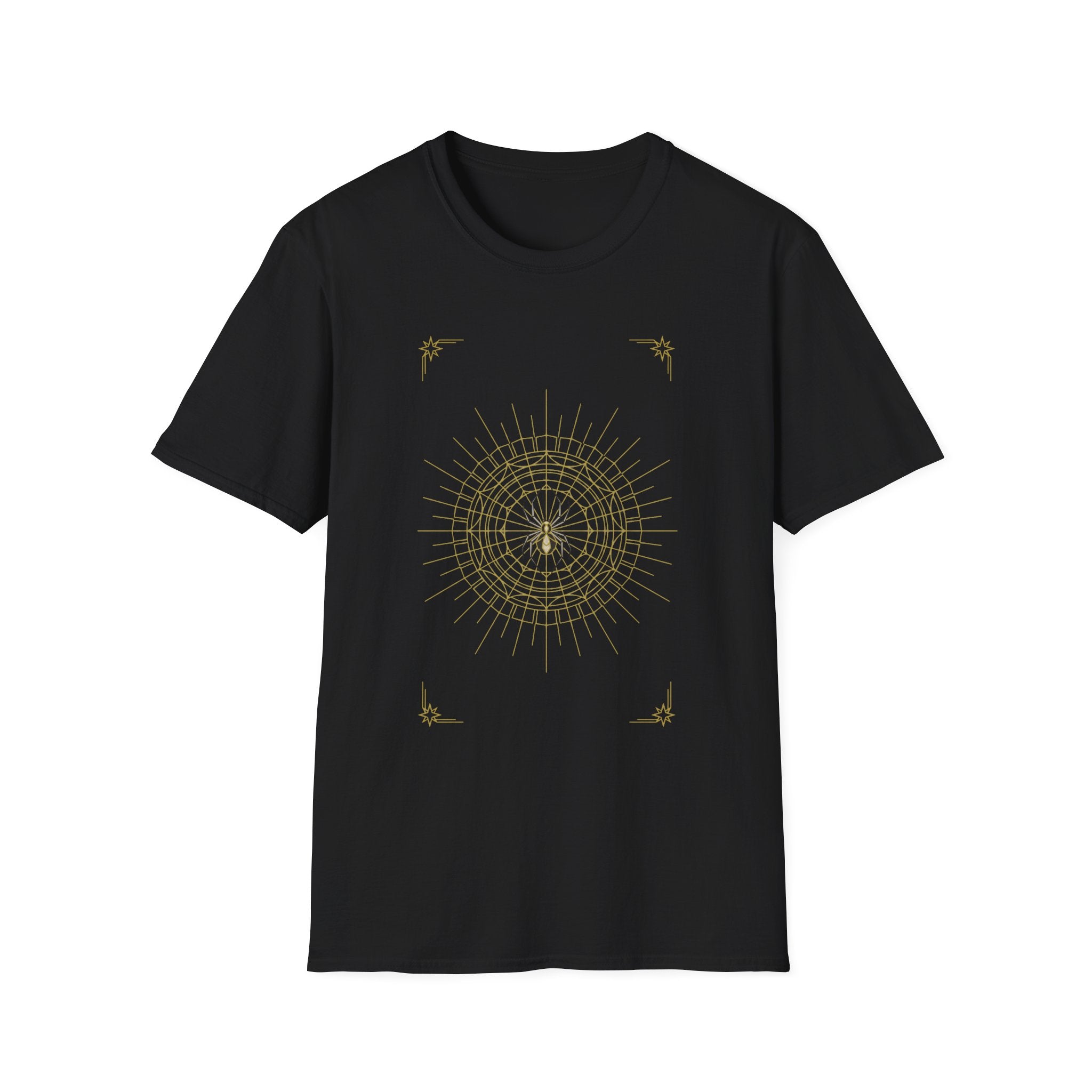 Black T-shirt with gold spider mandala web and star accents graphic