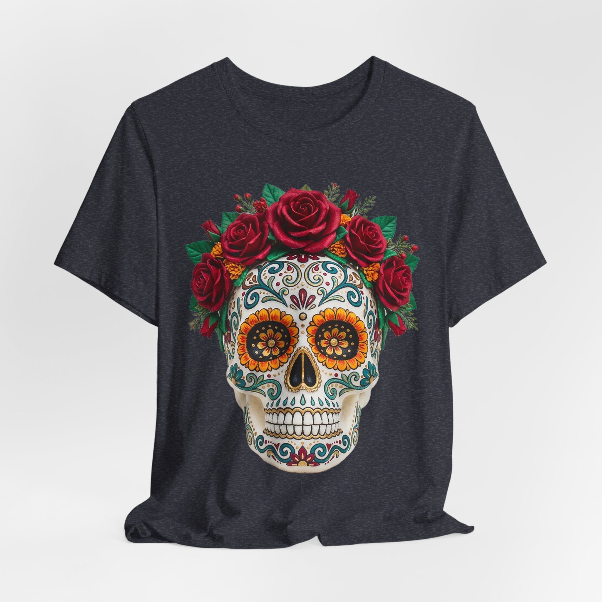Heather Navy T-shirt with sugar skull face and red rose crown graphic