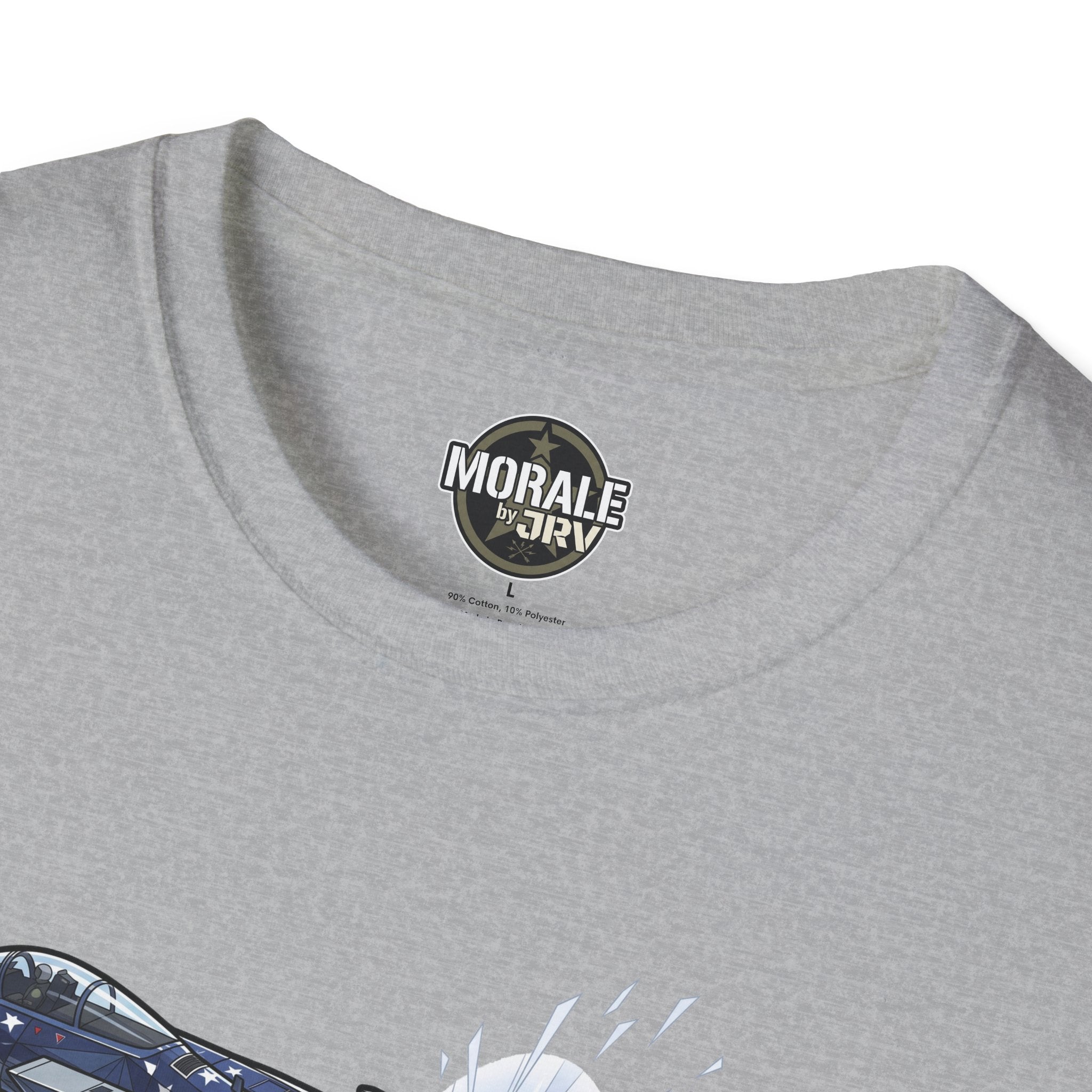 American flag fighter jet T-shirt (gray) close-up of crew neck and brand logo
