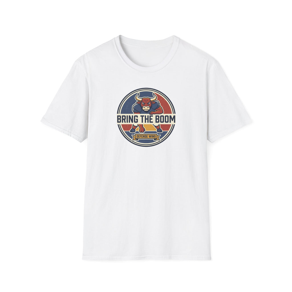 White T-shirt with circular bull mascot graphic and “BRING THE BOOM” print on chest