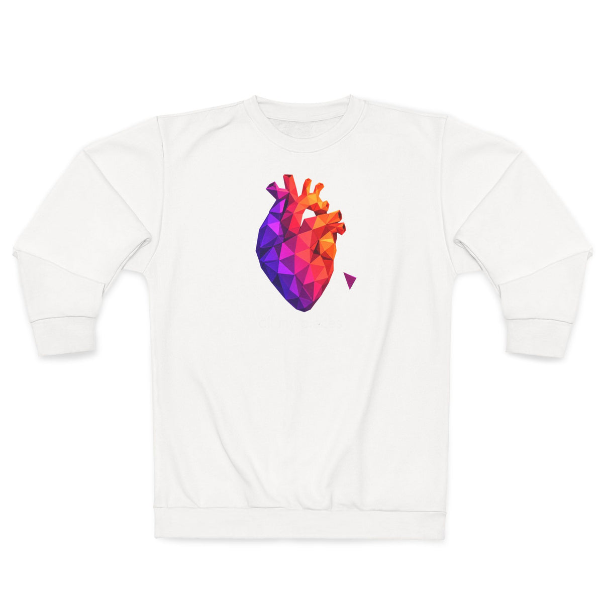 White sweatshirt with colorful geometric heart front graphic, orange and purple