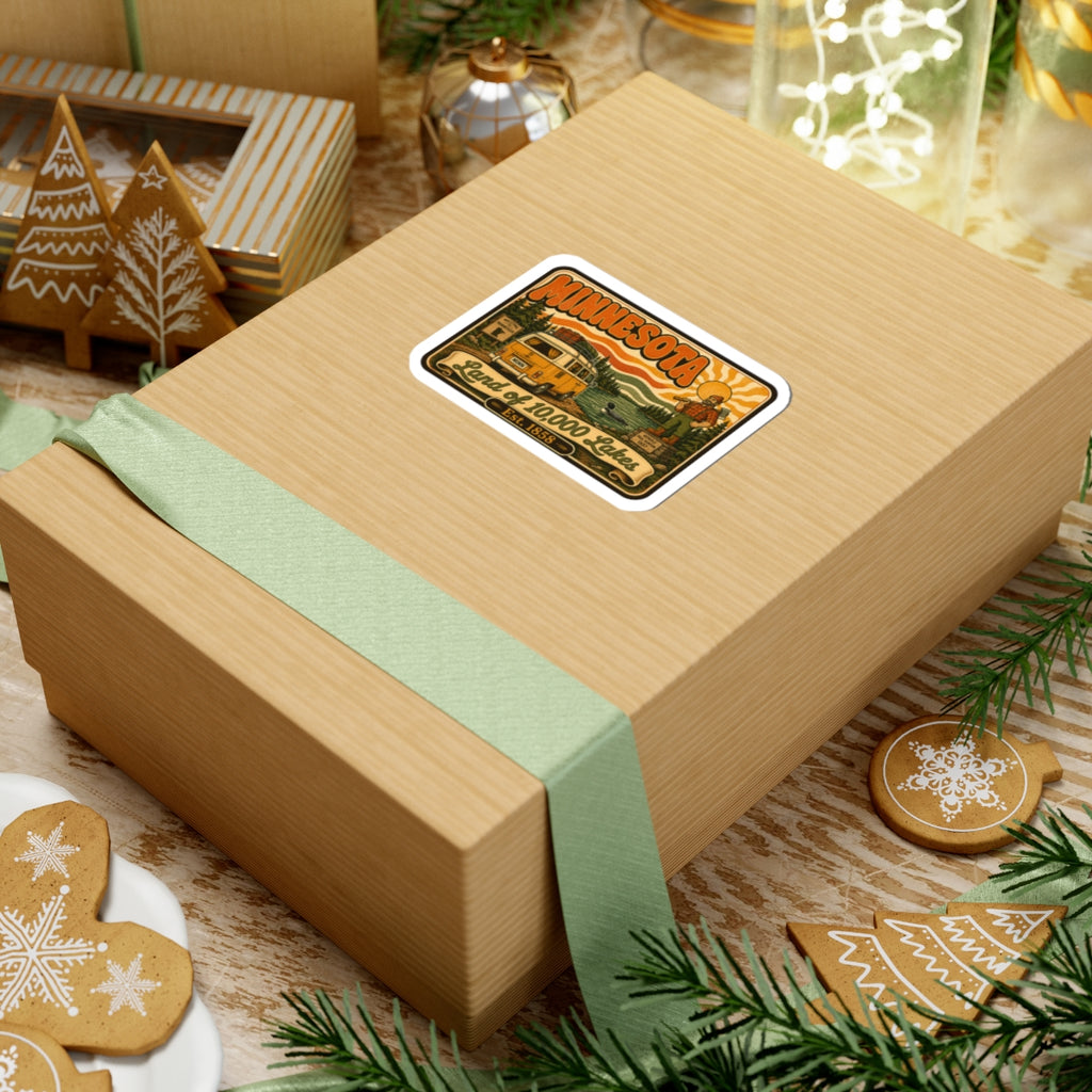 Minnesota Land of 10,000 Lakes kiss-cut sticker on wrapped gift box