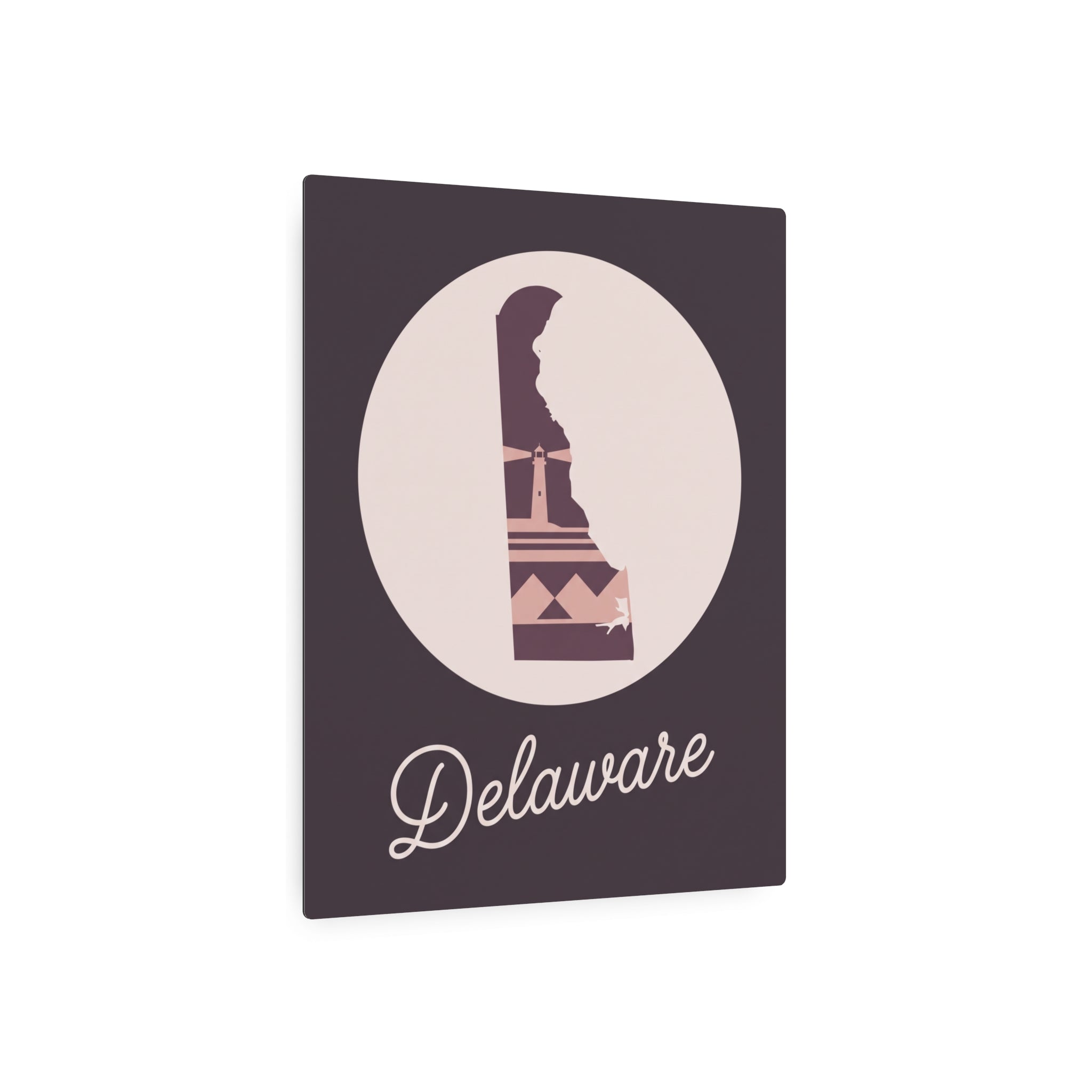 Square mauve metal wall art with circular Delaware silhouette and “Delaware” script