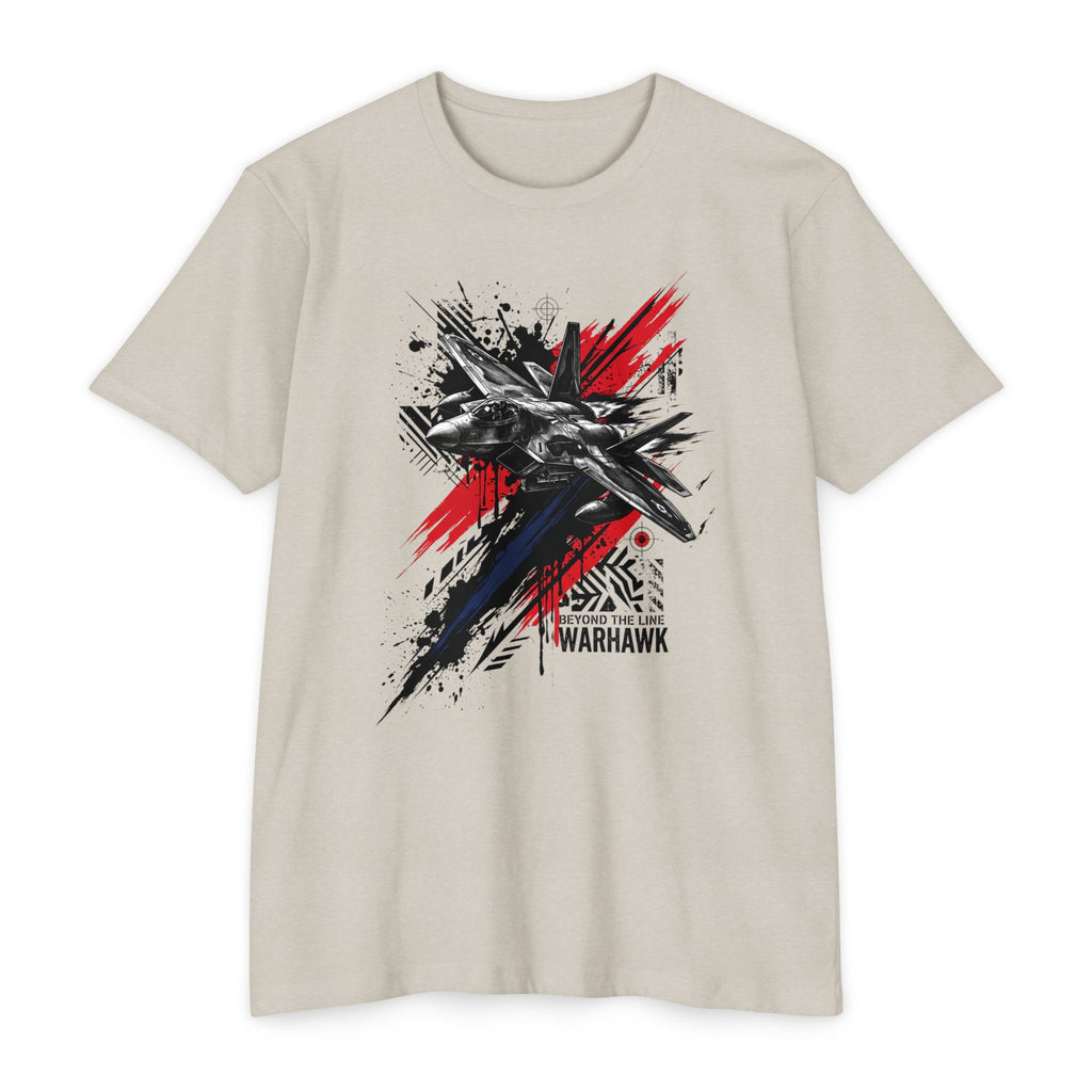 Crew neck T-shirt in light beige with warplane graffiti graphic in red, blue, and black.
