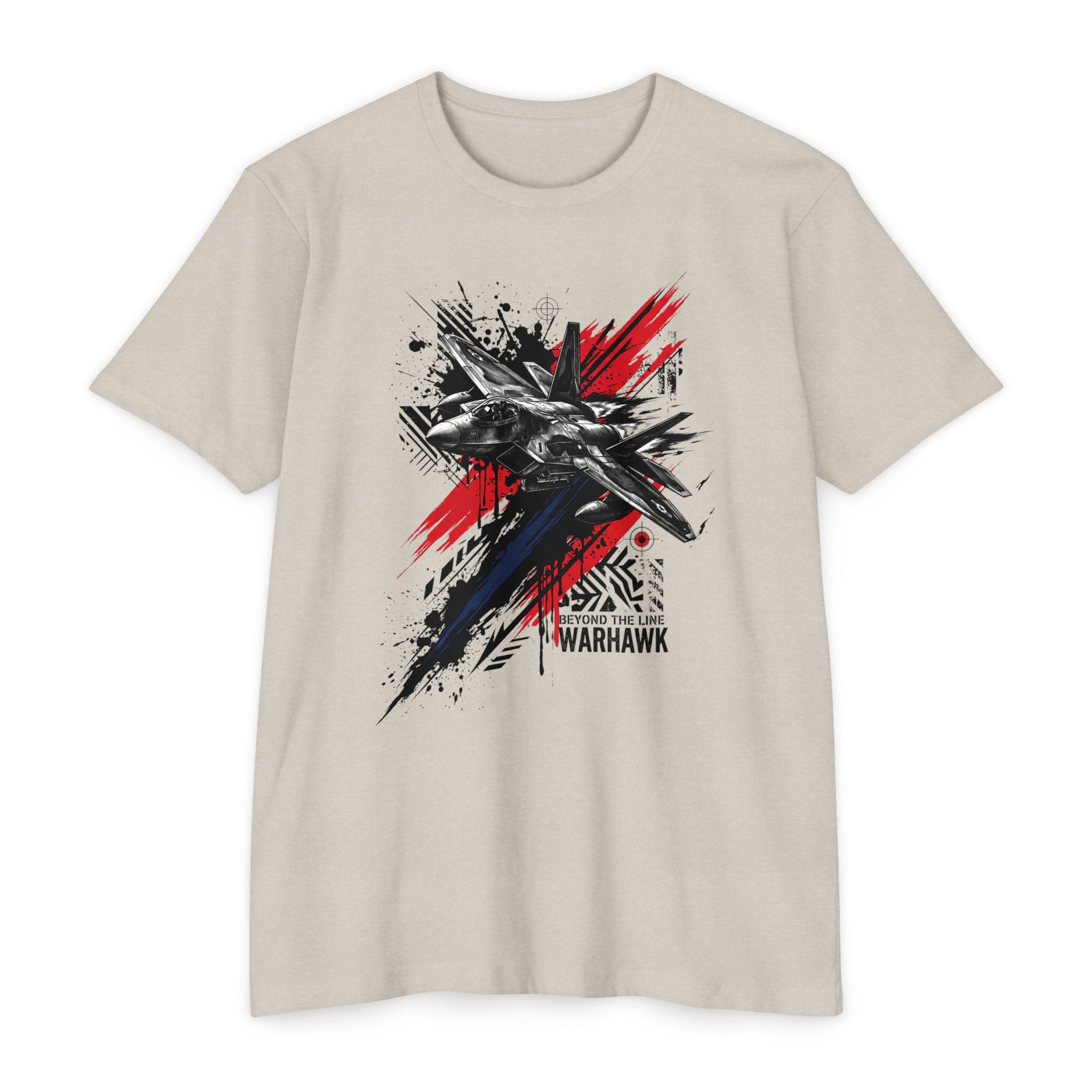 Crew neck T-shirt in light beige with warplane graffiti graphic in red, blue, and black.