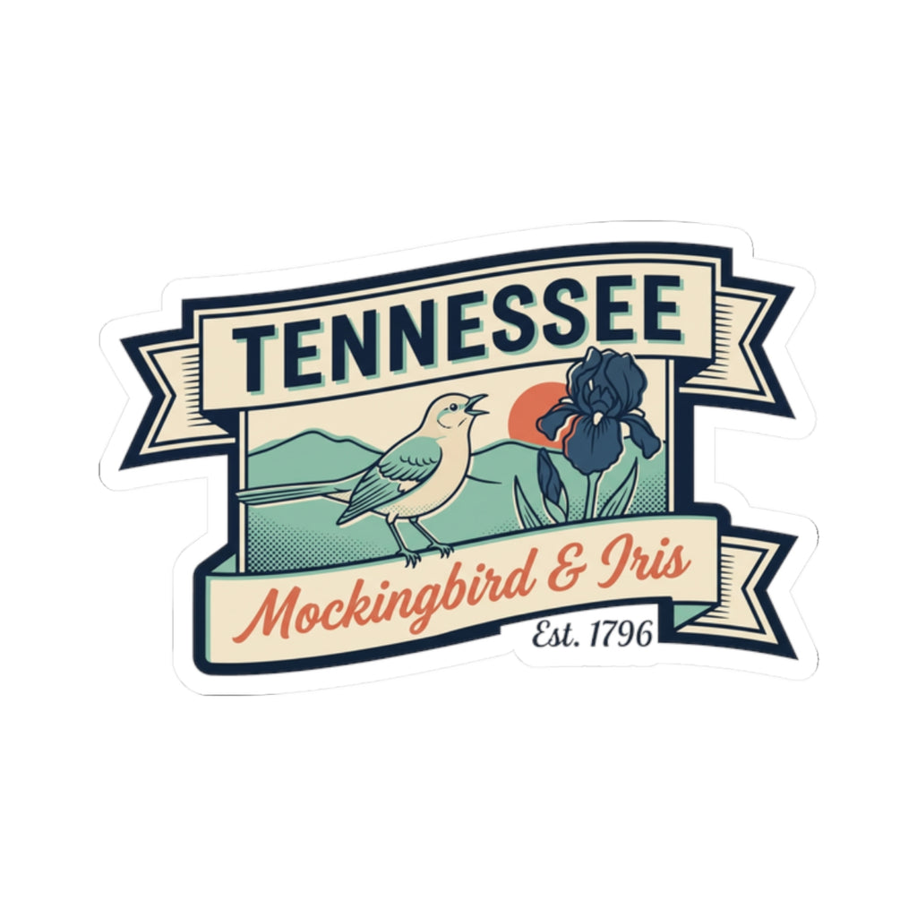 Vinyl state badge sticker with Tennessee banner, mockingbird, and blue iris design